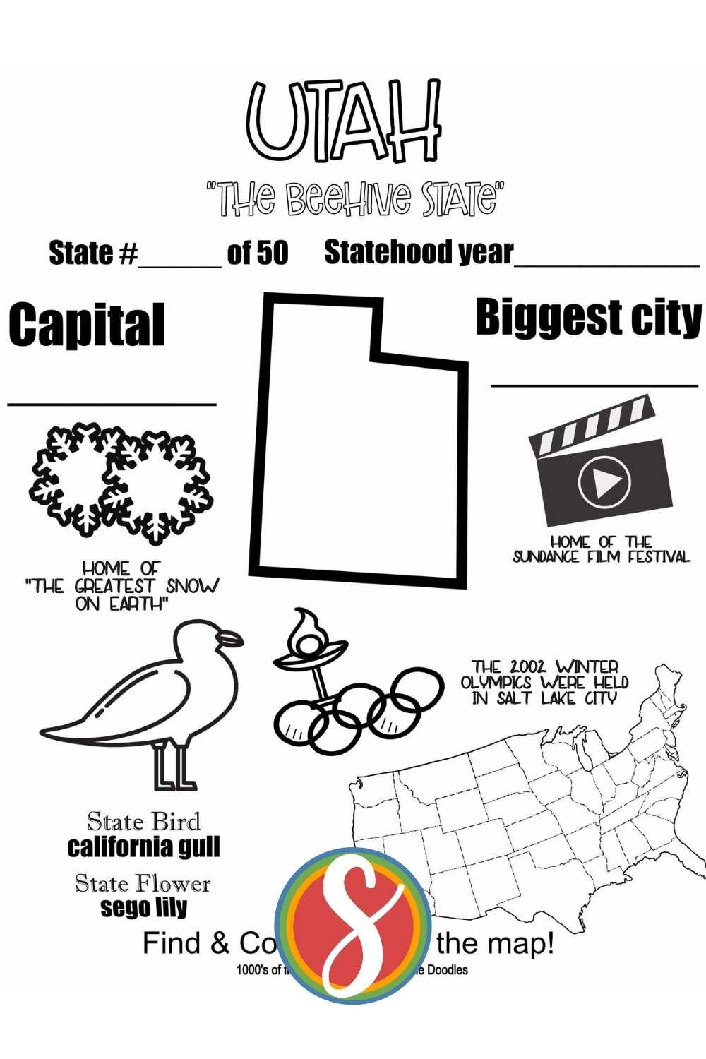Utah  facts - a free activity coloring page about Utah from Stevie Doodles, free to print and color. Find 1000’s of free printable coloring sheets of all kinds at Stevie Doodles