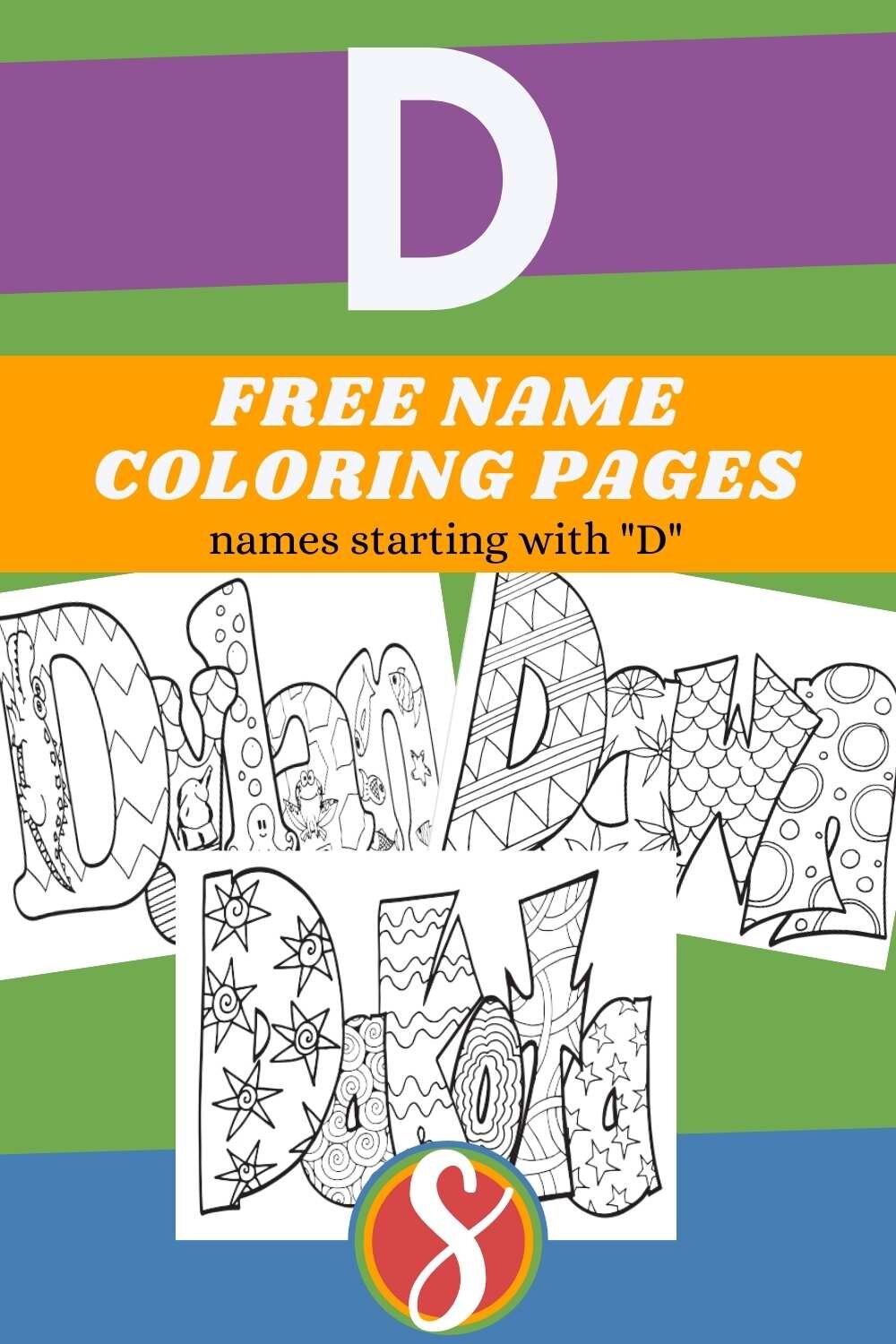 Free printable name coloring pages starting with the letter “D” from Stevie Doodles + browse all free names by letters