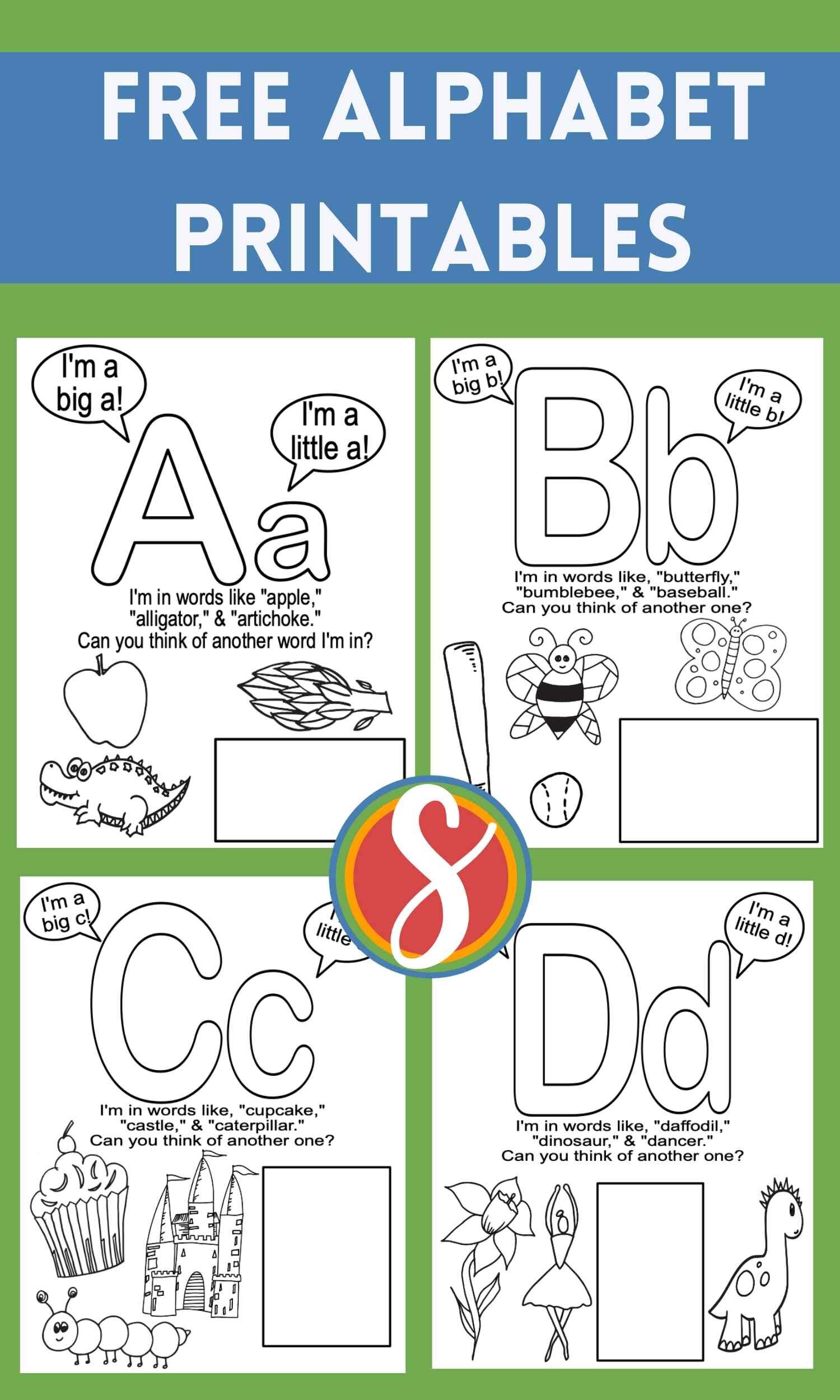 Free alphabet printables from Stevie Doodles! Letter A-Z as printable coloring pages to print and color for your whole class as often as you’d like