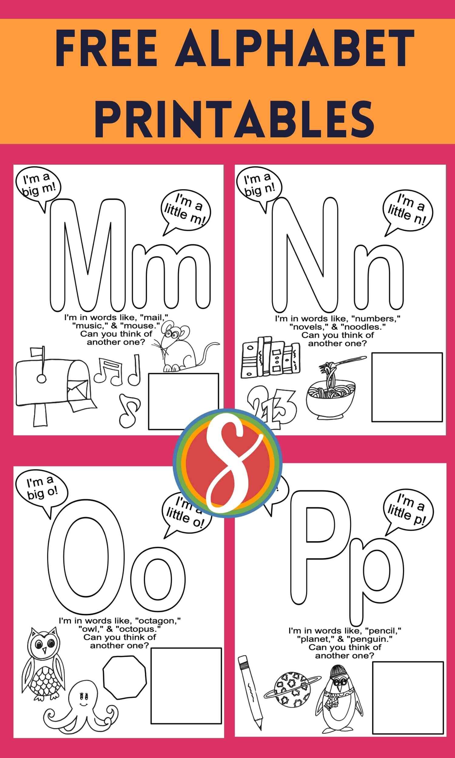 Free alphabet printable coloring pages to print and color from Stevie Doodles - get a free activity page for every single letter in the English alphabet, all free to print as many copies as you’d like for your whole class