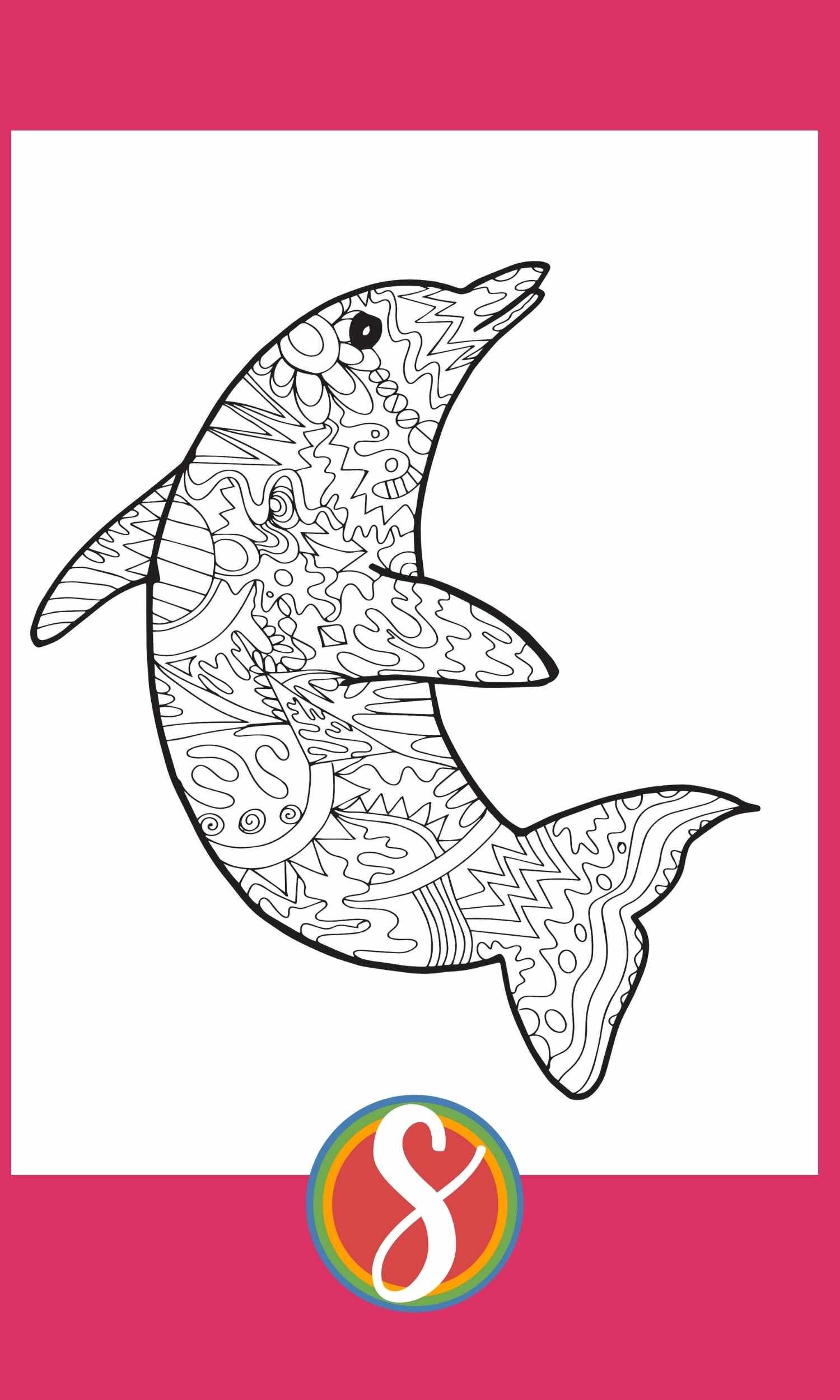 Free zentangle adult coloring page about Dolphin + more free dolphin coloring pages at Stevie Doodles