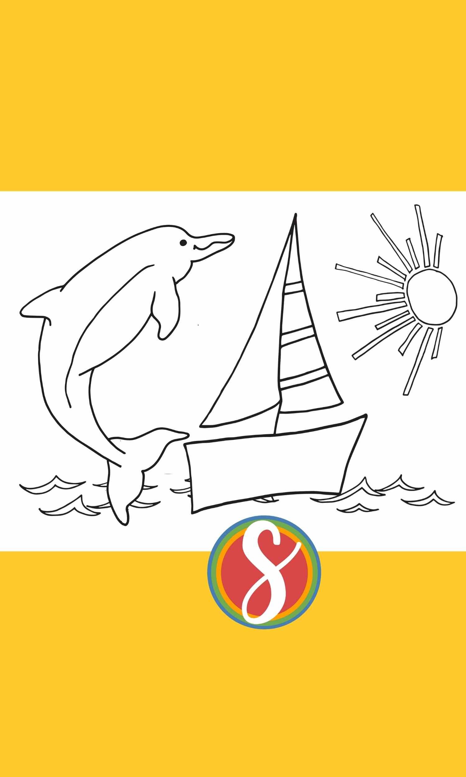 Free dolphin coloring page with a boat from Stevie Doodles - 11 free dolphin coloring pages in this post