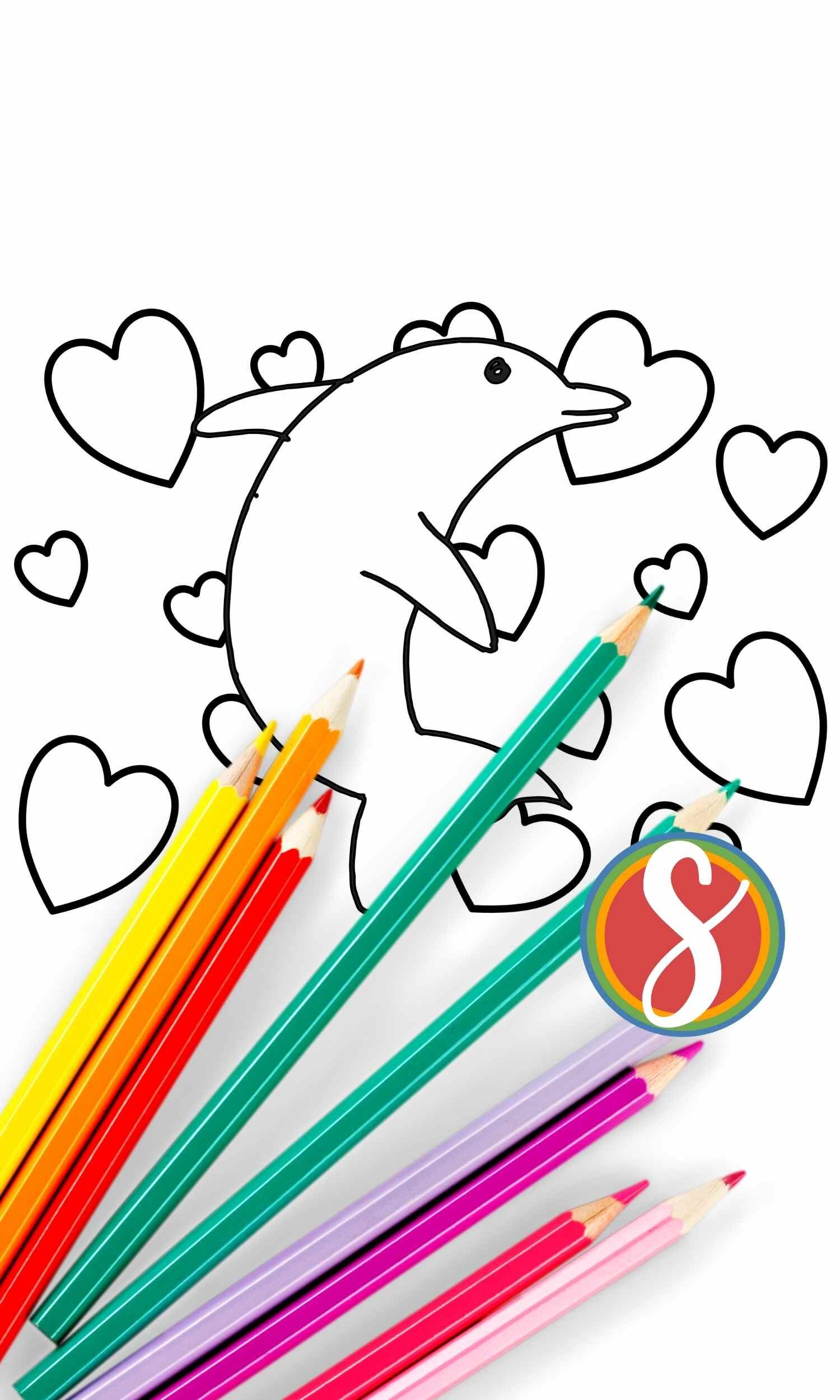 Free dolphin with hearts coloring page from Stevie Doodles - free to print and color today!