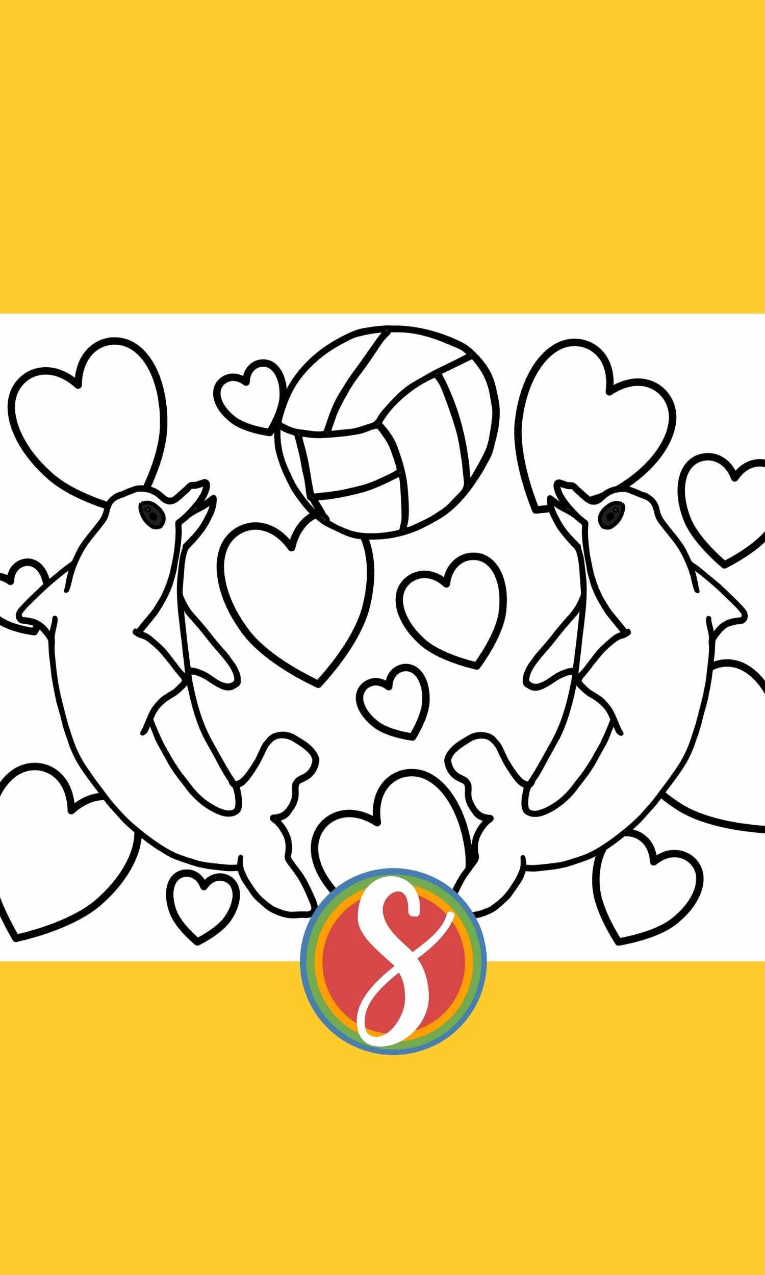Free dolphin coloring page - dolphin friends to color with a background of hearts + 10 more free dolphin sheets to color for kids and adults from Stevie Doodles