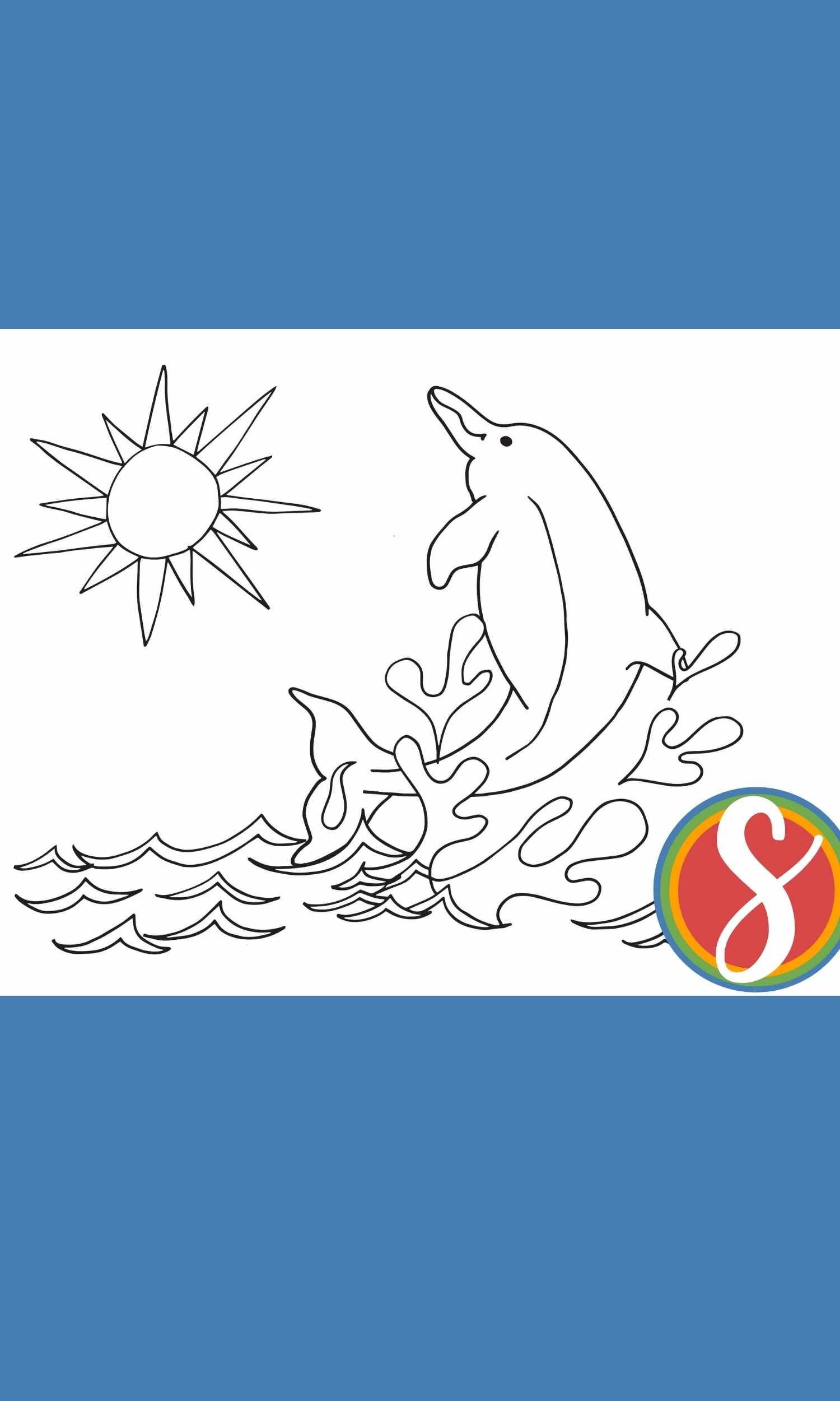 Free printable dolphin playing in the water coloring page from Stevie Doodles