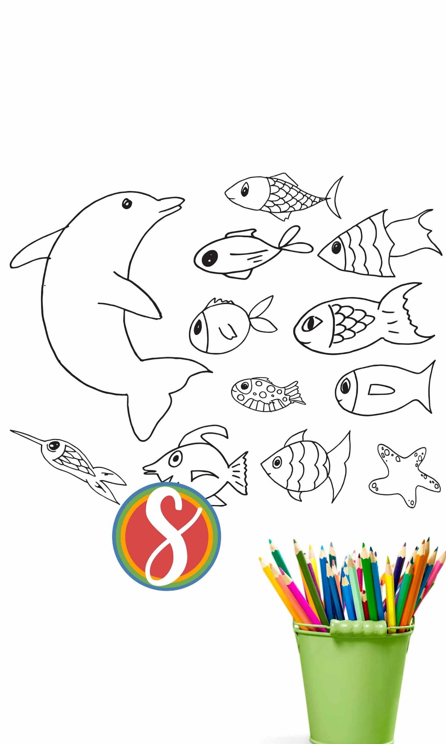 Free dolphin coloring page with fish from Stevie Doodles - 11 free dolphin sheets to print and color