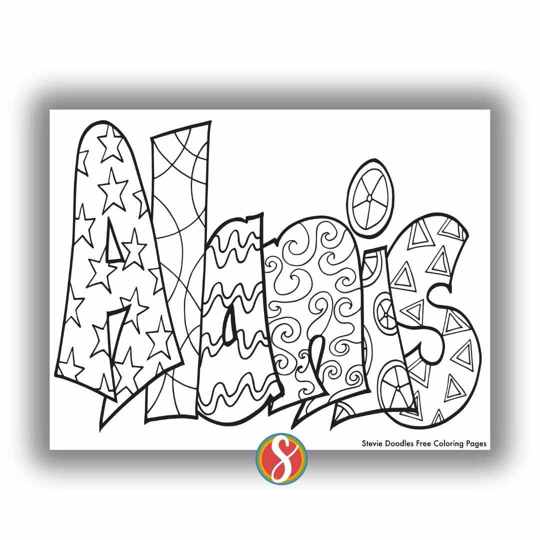 bubble letters "ALANIS" with doodles inside to color
