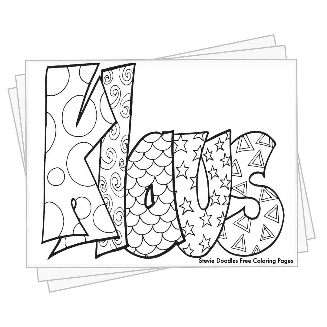 bubble letters "Klaus" with doodles inside to color