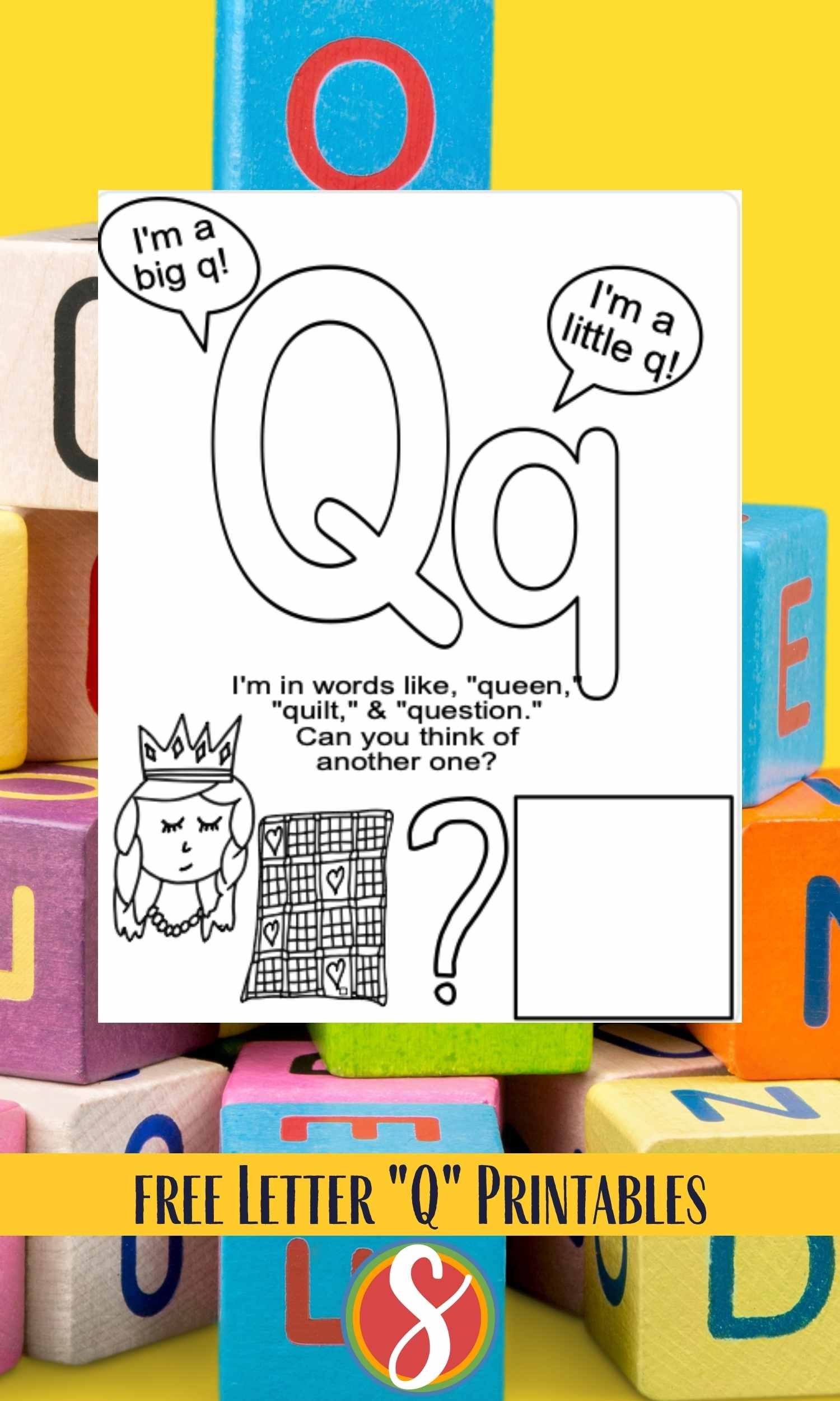 Outline of letters "Qq" with queen, quilt, and question mark to color
