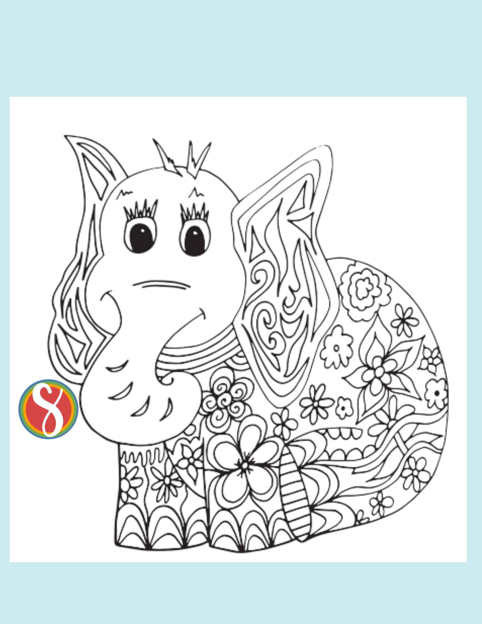 big elephant coloring page with an elephant full of flowers