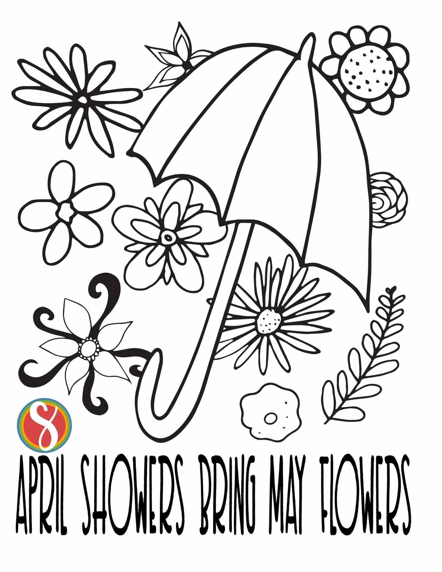 umbrella with background of flowers, text reads "april showers bring may flowers"
