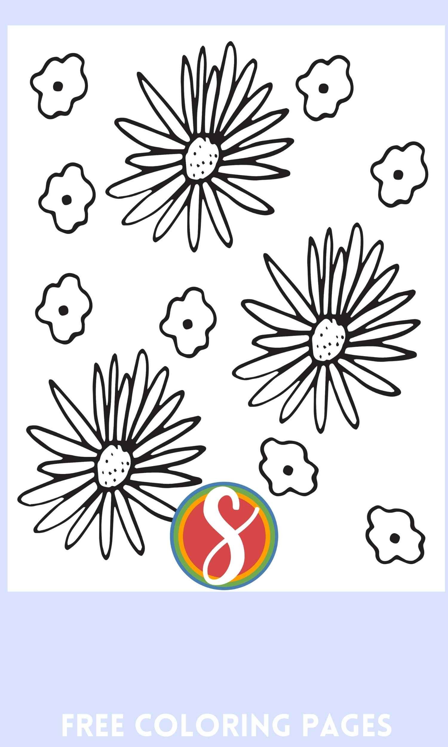 3 big flowers and a bunch of tinier flowers on a flower coloring page