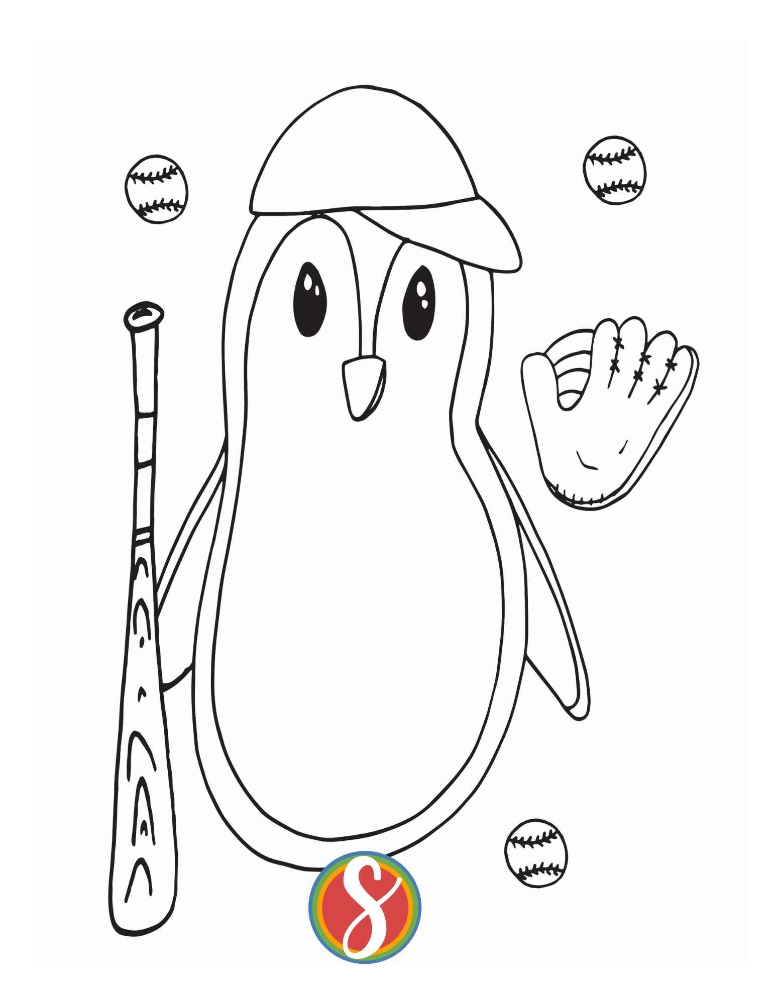 Simple colorable penguin with big eyes, wearing a plain baseball cap and holding a colorable baseball bat, around the penguin are colorable baseballs and a baseball mitt