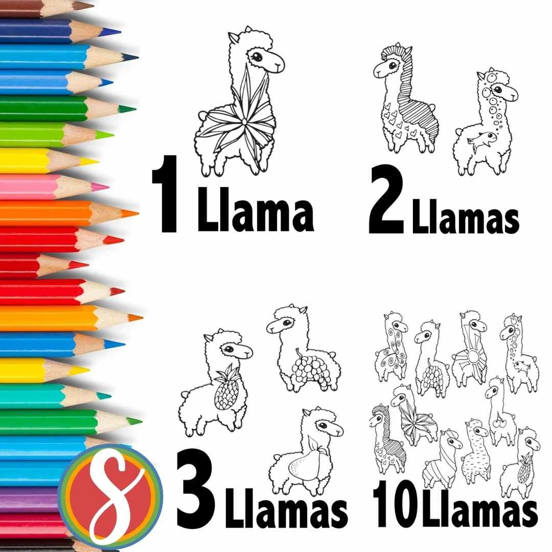 a collage of llama coloring pages with numbers 1 through 4