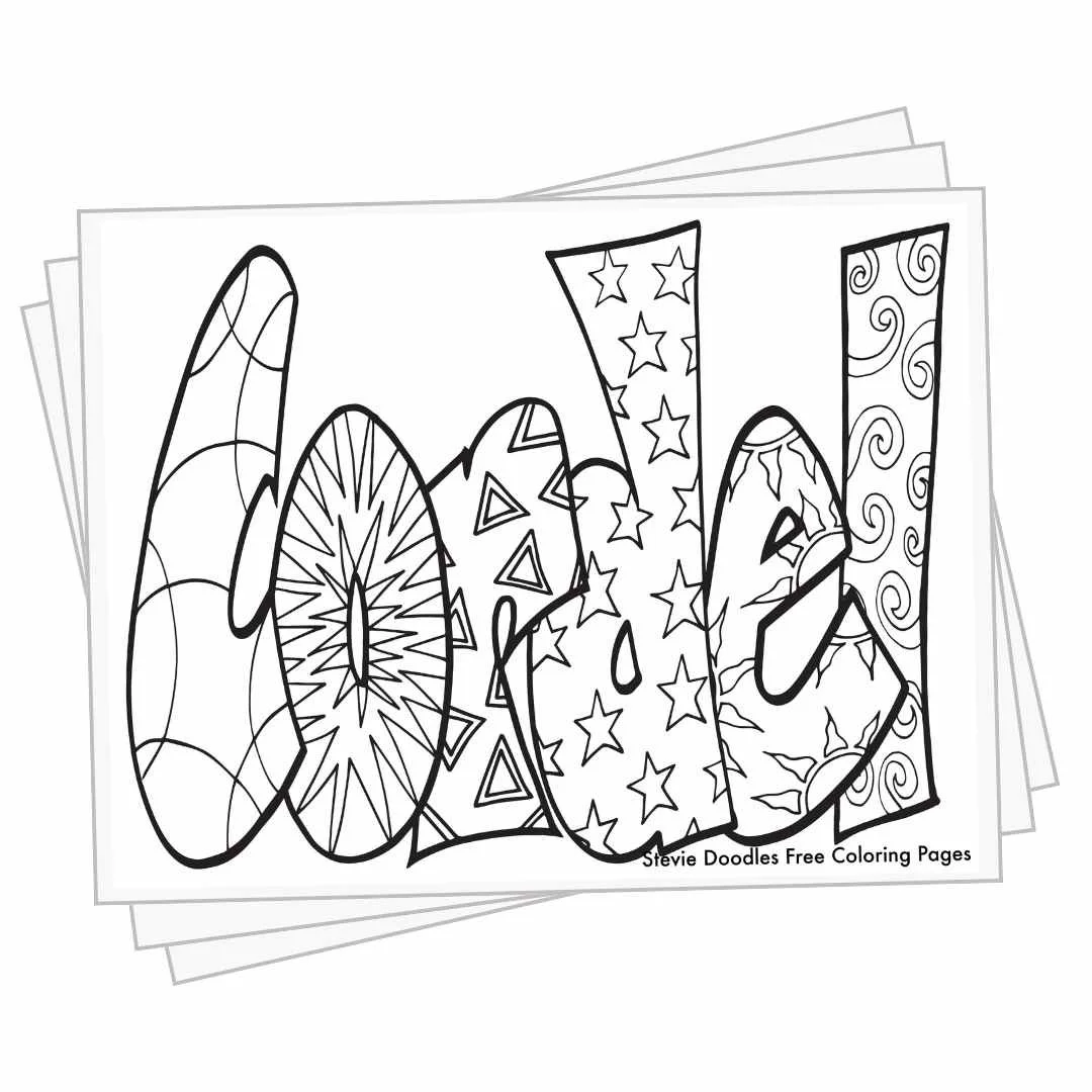 bubble letters "Cordel" with doodles inside to color