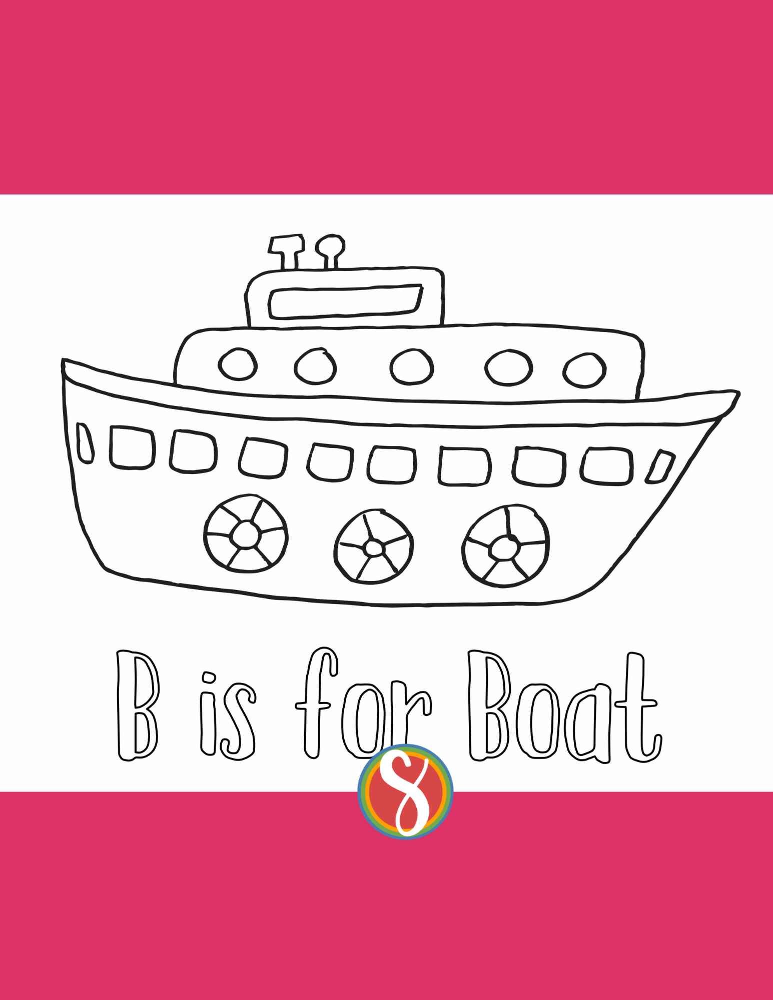 boat coloring page with big boat drawn simply and colorable text "b is for boat"