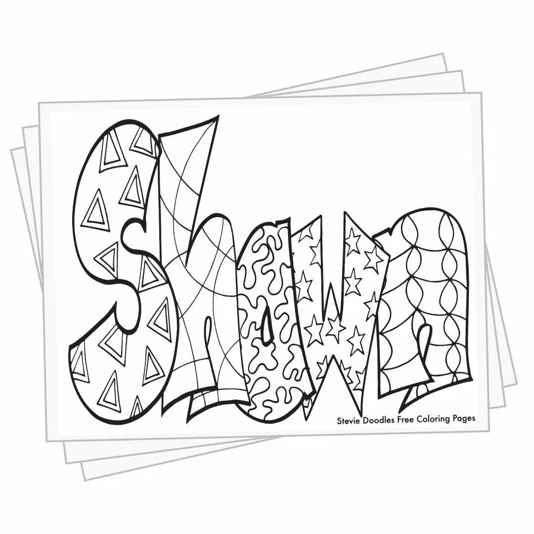 bubble letters "Shawn" with doodles inside to color