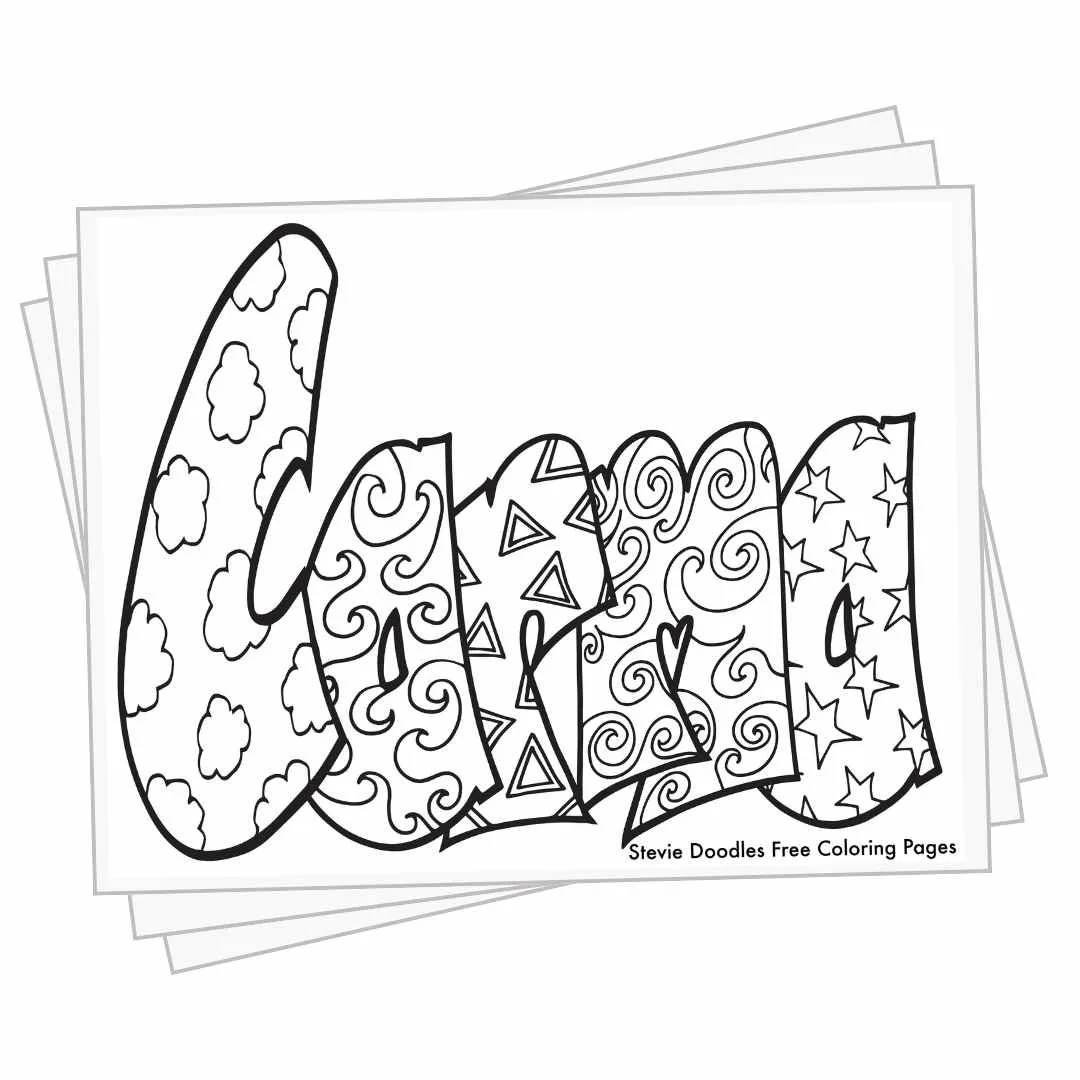 bubble letters "Carma" with doodles inside to color