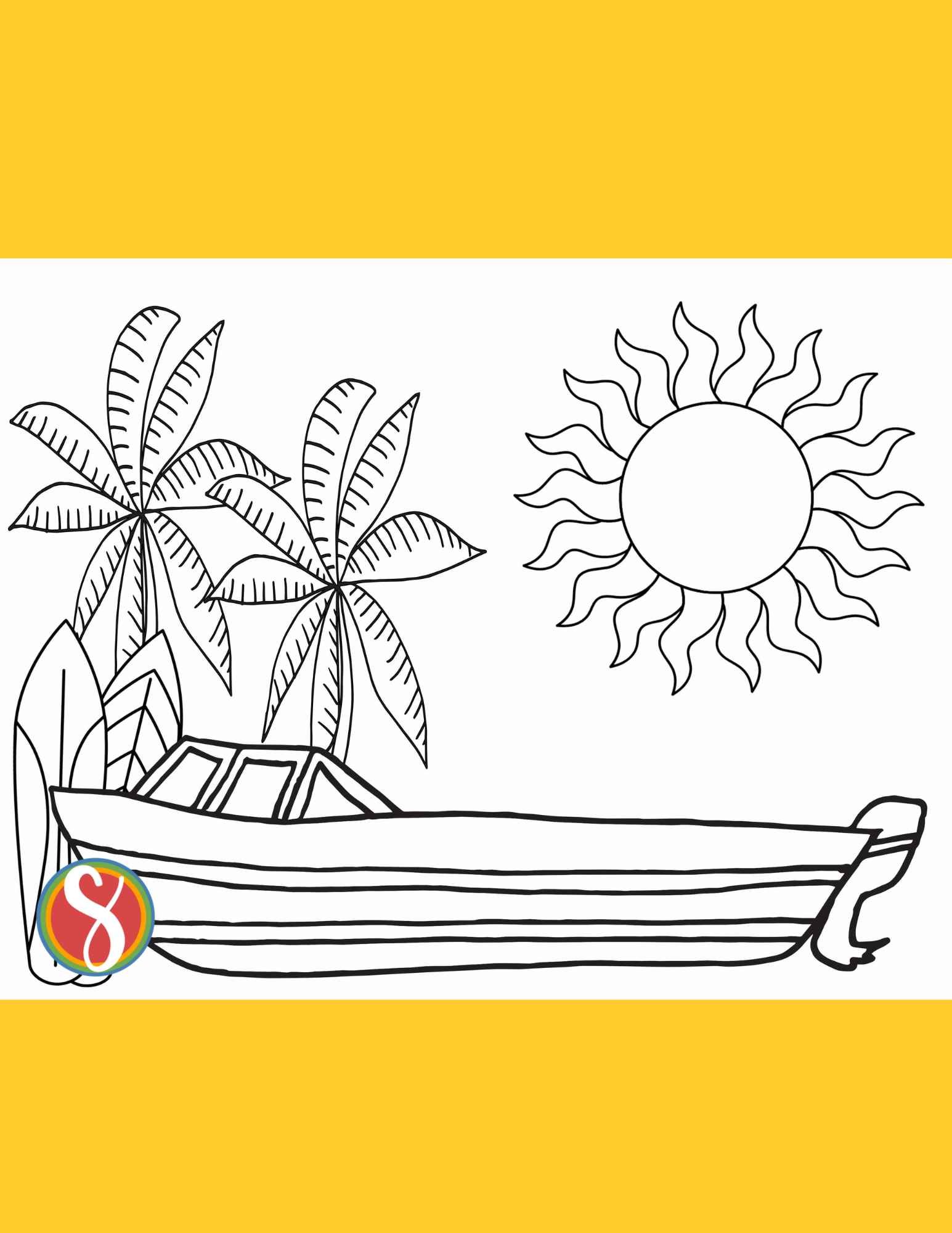 speed boat coloring page with sun and palm trees and surfboards