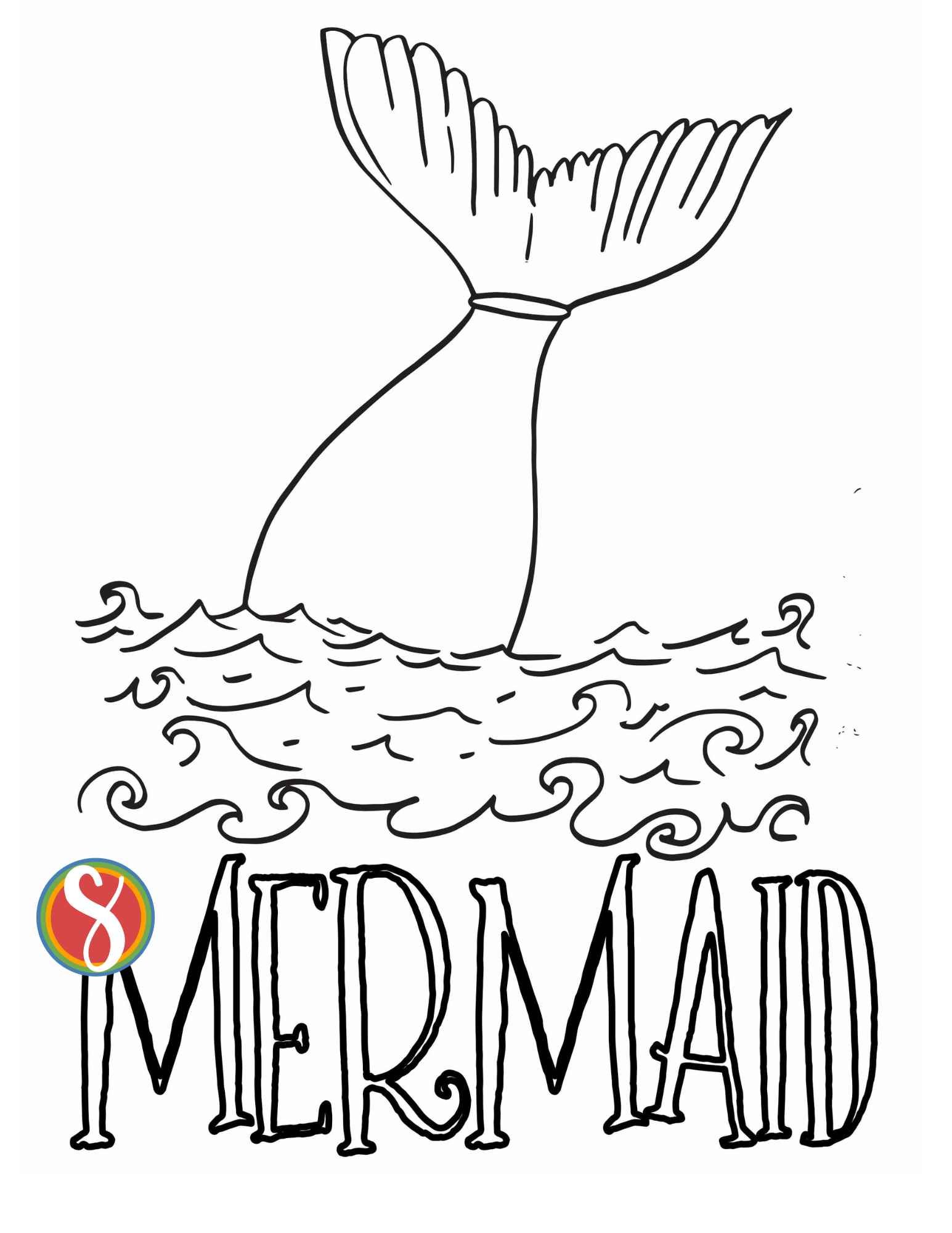 A simple outline of a large mermaid tail coming out of thin waves, also outlines with the colorable word "mermaid" underneath the tail image
