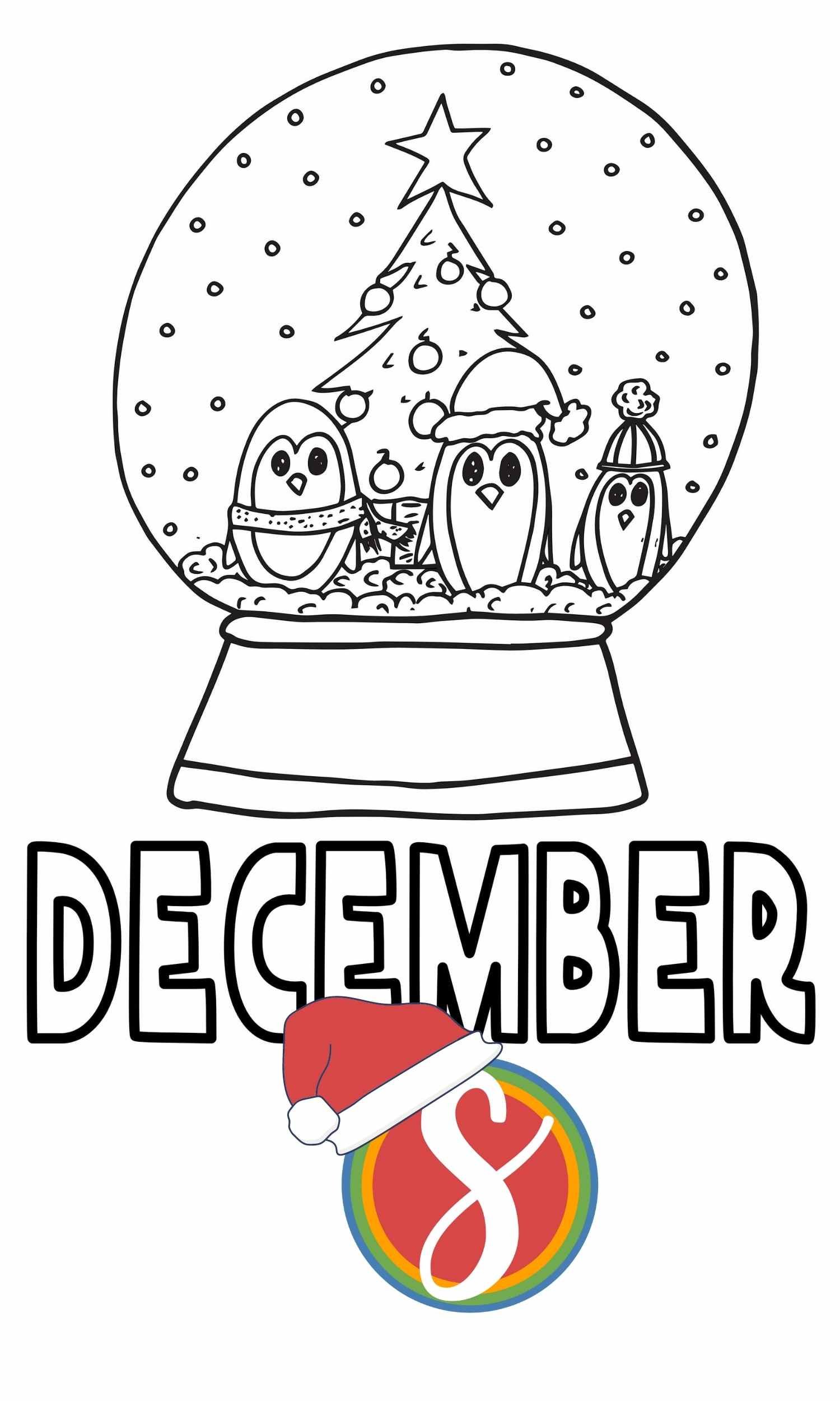 snow globe with tree, penguins, above colorable word "December"