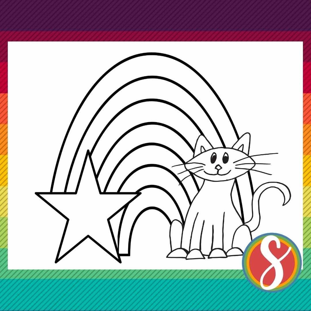 cat coloring page with star and rainbow