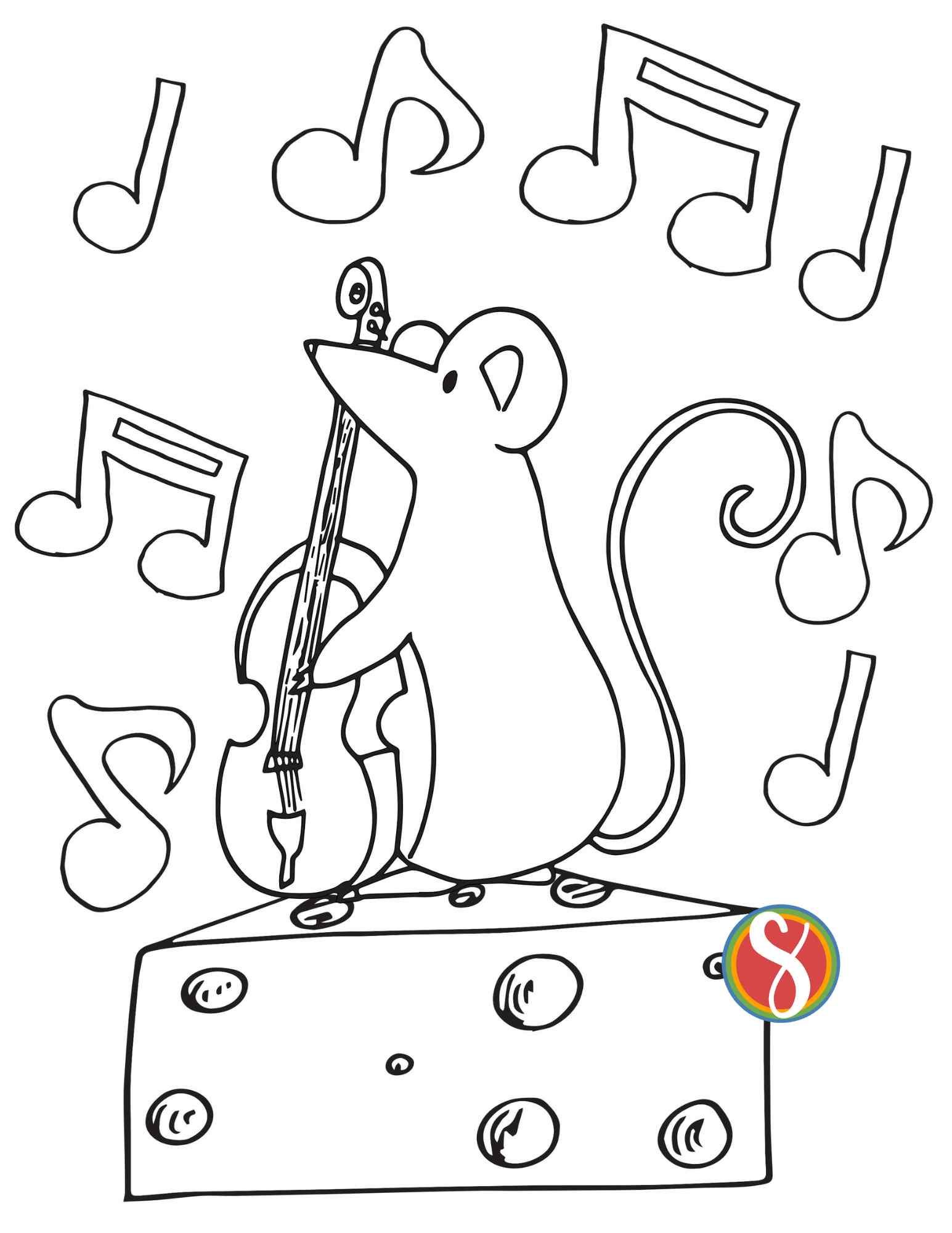 mouse coloring page, mouse playing cello on top of  block of cheese