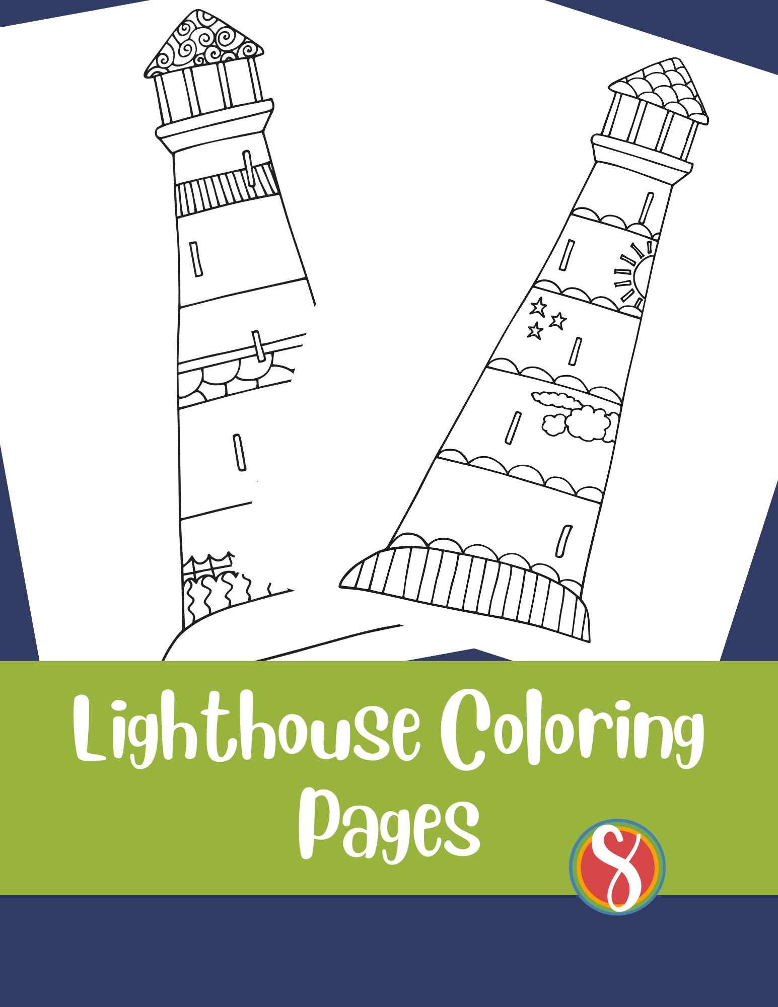 two lighthouse coloring pages on blue background