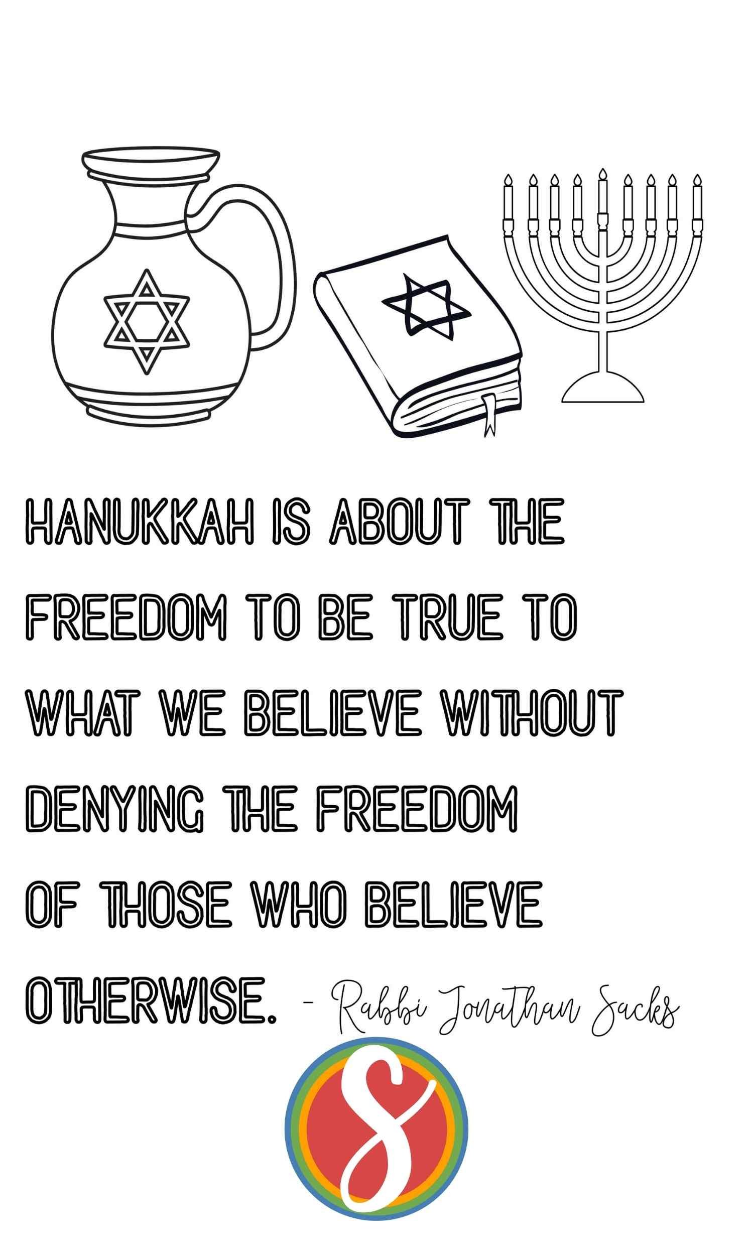 a long quote by Rabbi Sacks about Hanukkah plus an oil jug, a torah, a menorah to color