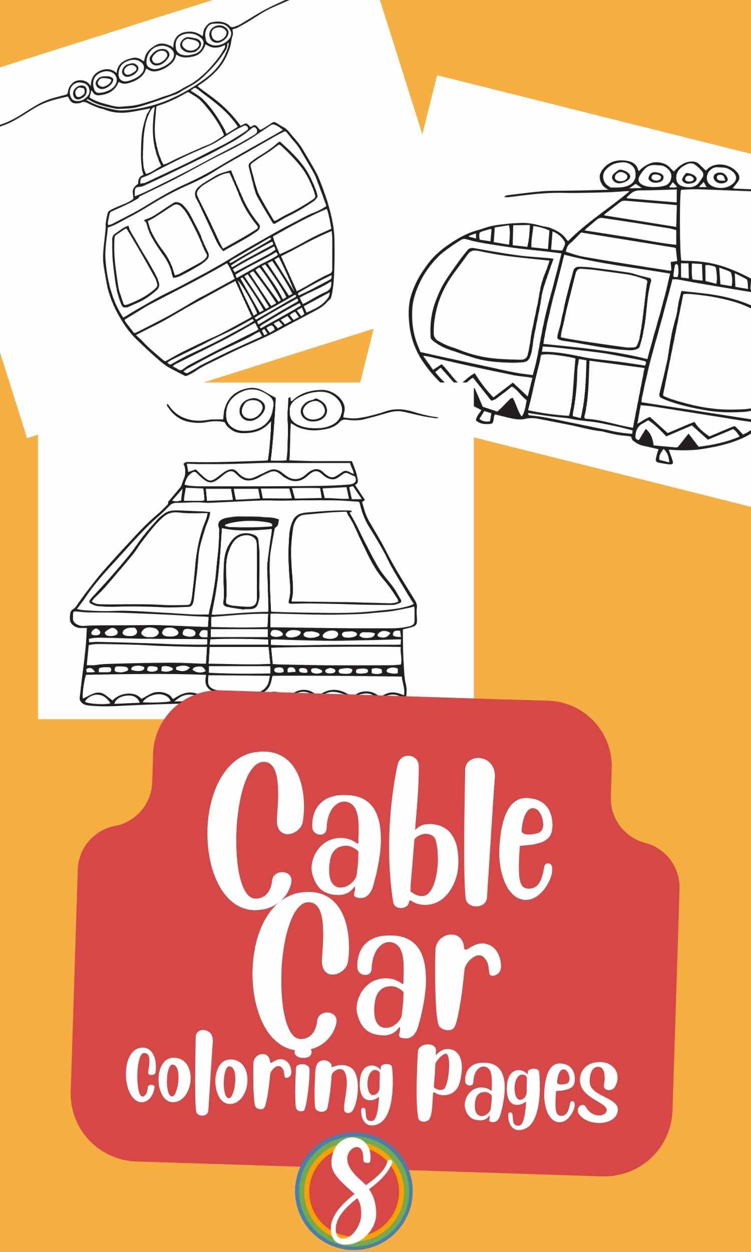 3 cable car coloring pages, each a simple cable car drawing