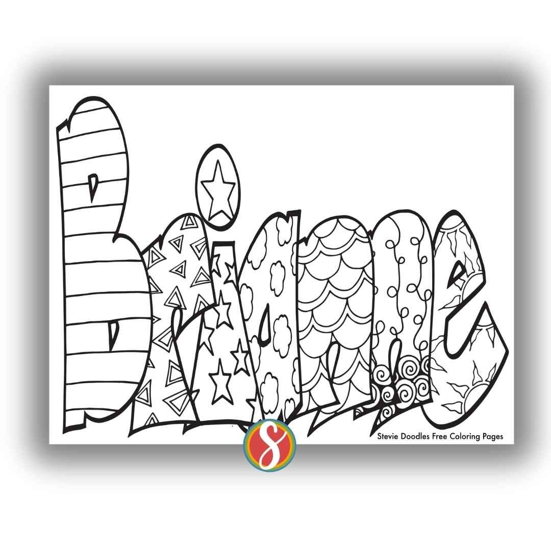 bubble letters "Brianne' with doodles inside to color