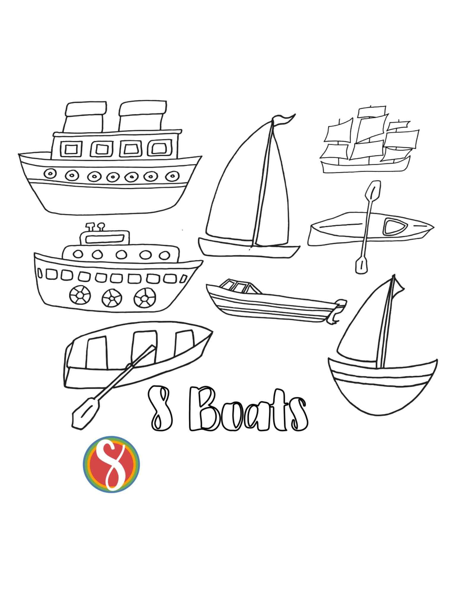 8 different boats drawn on this boat coloring page, text reads "8 boats"
