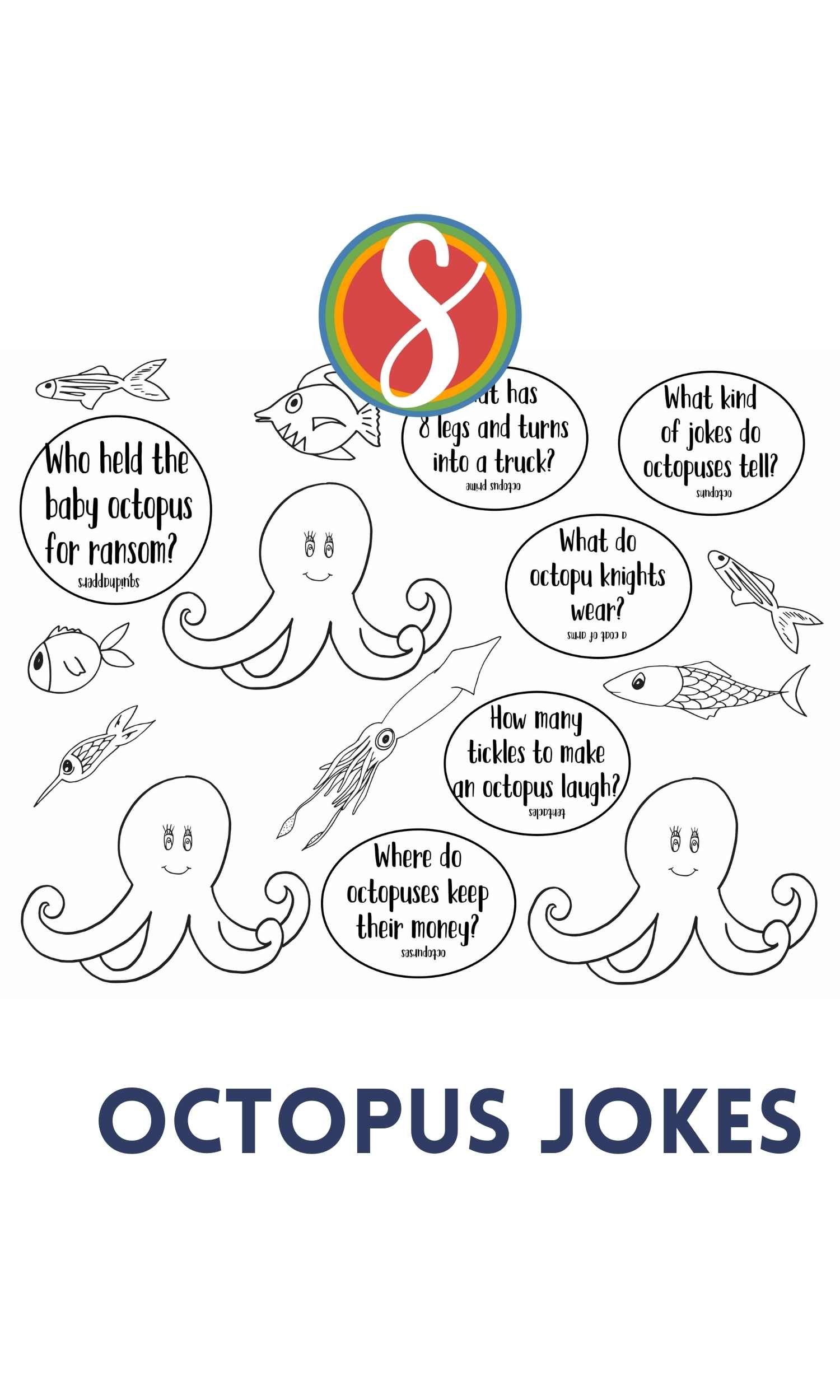 little simple octopus drawings to color, little simple squid drawings to color, and circles with text of octopus jokes