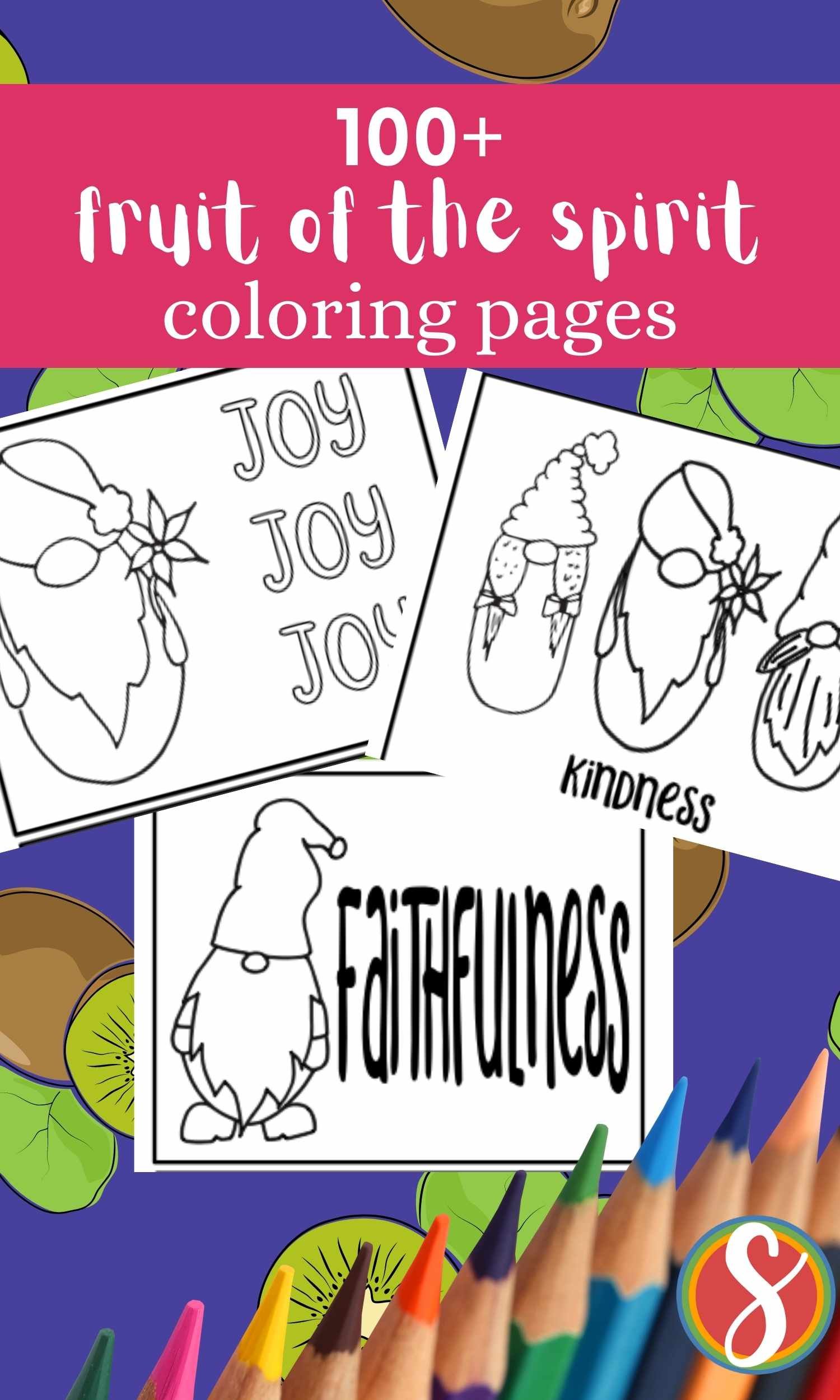 a collage of gnome fruit of the spirit coloring pages