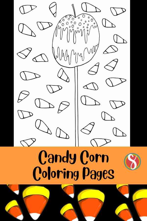 a coloring page with a caramel apple and candy corn