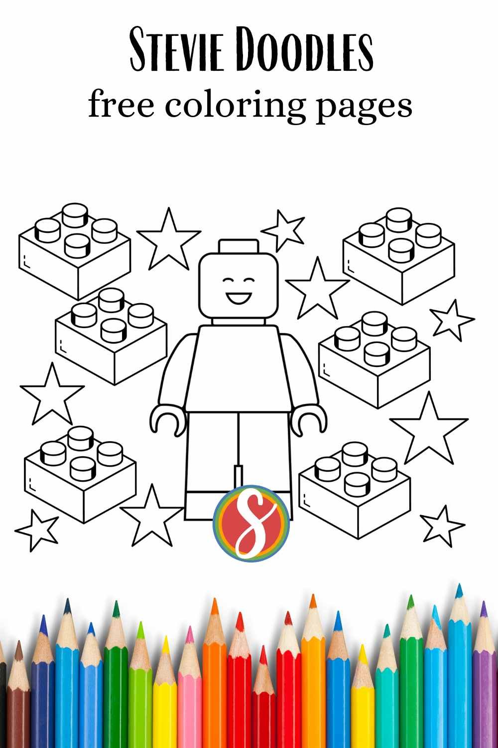 colorable lego man centered surrounded by colorable stars and lego bricks