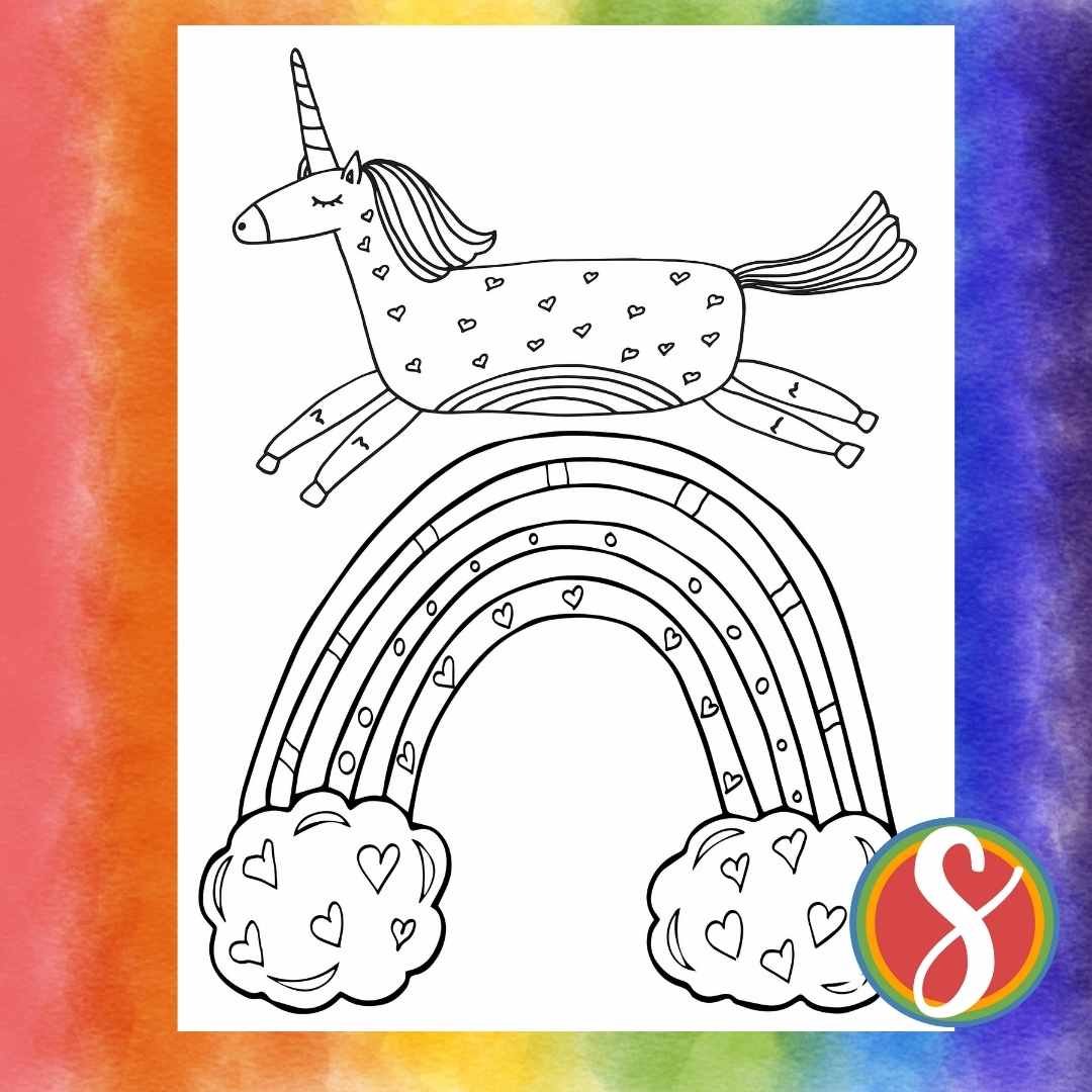 a cute rainbow with a unicorn jumping over it as a coloring sheet