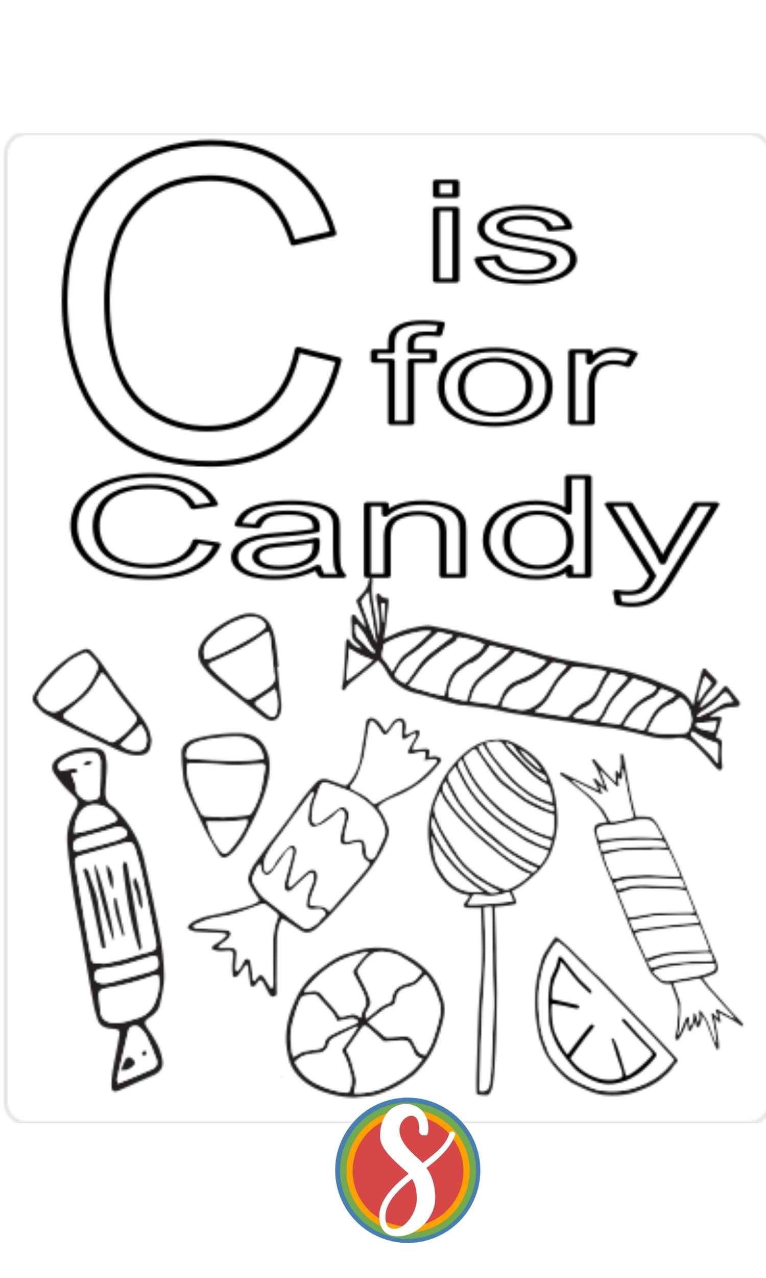 c is for candy text with candy drawings  underneath to color