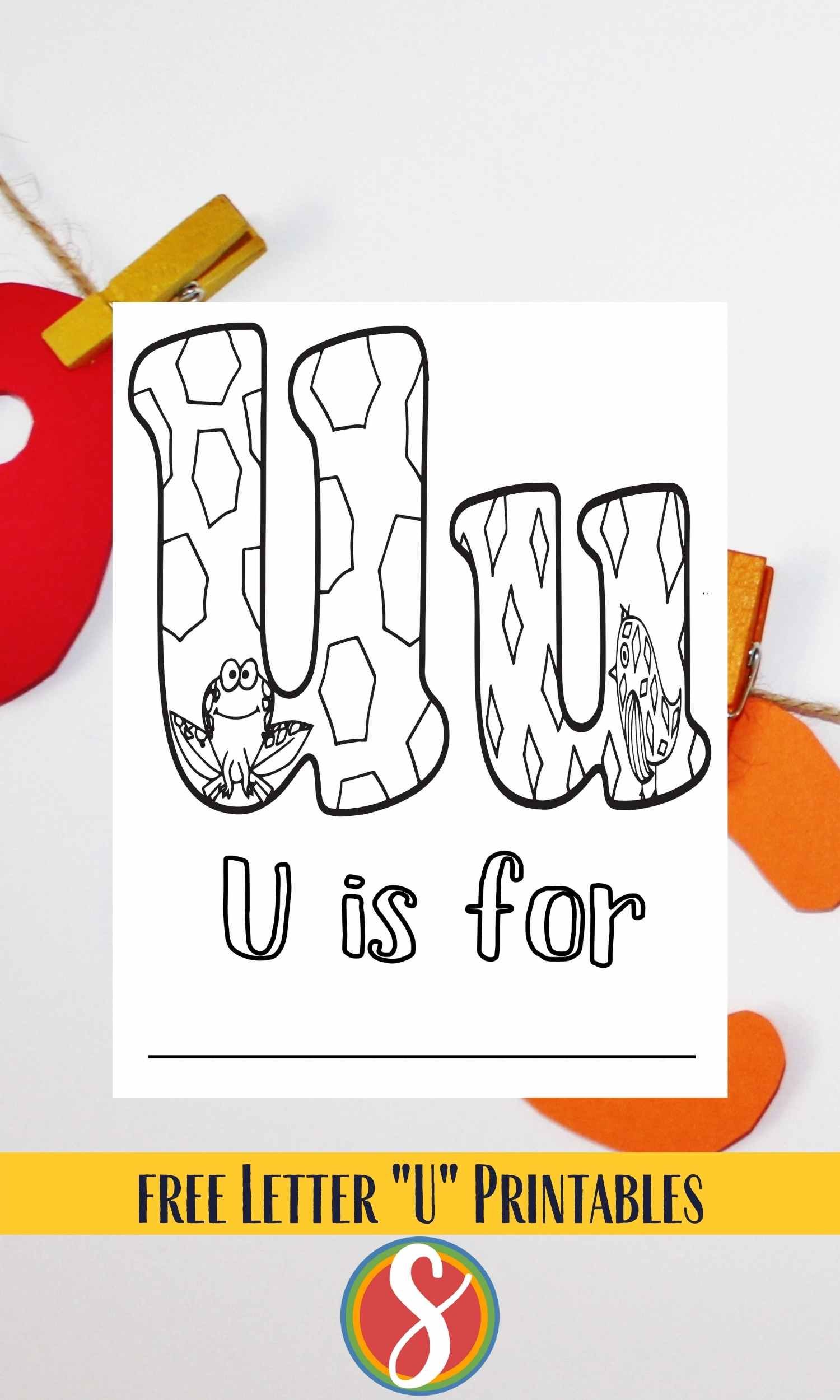 Bubble letters "Uu" with animals inside to color