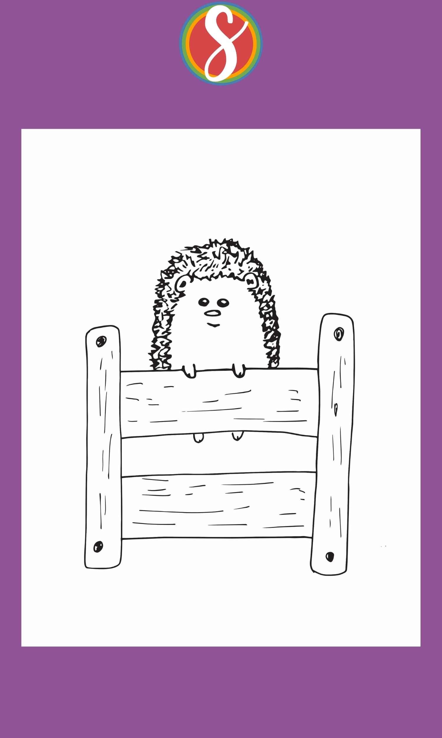 a hedgehog coloring page with a hedgehog hanging on a fence