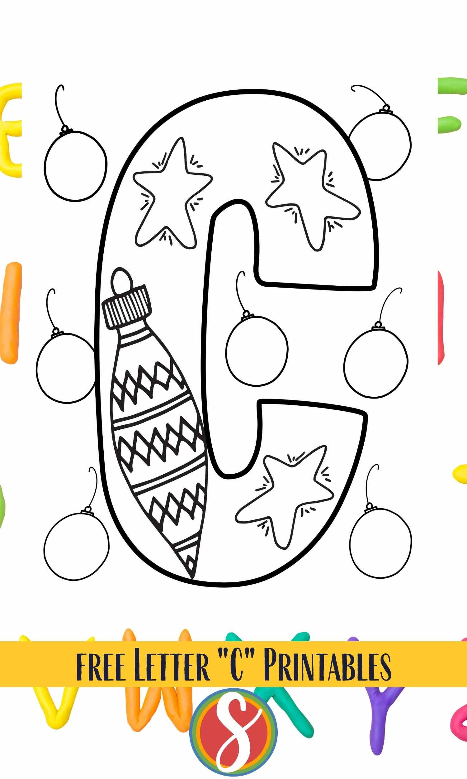 bib bubble letter C with stars and one large ornament inside, C is surrounded by ball ornaments