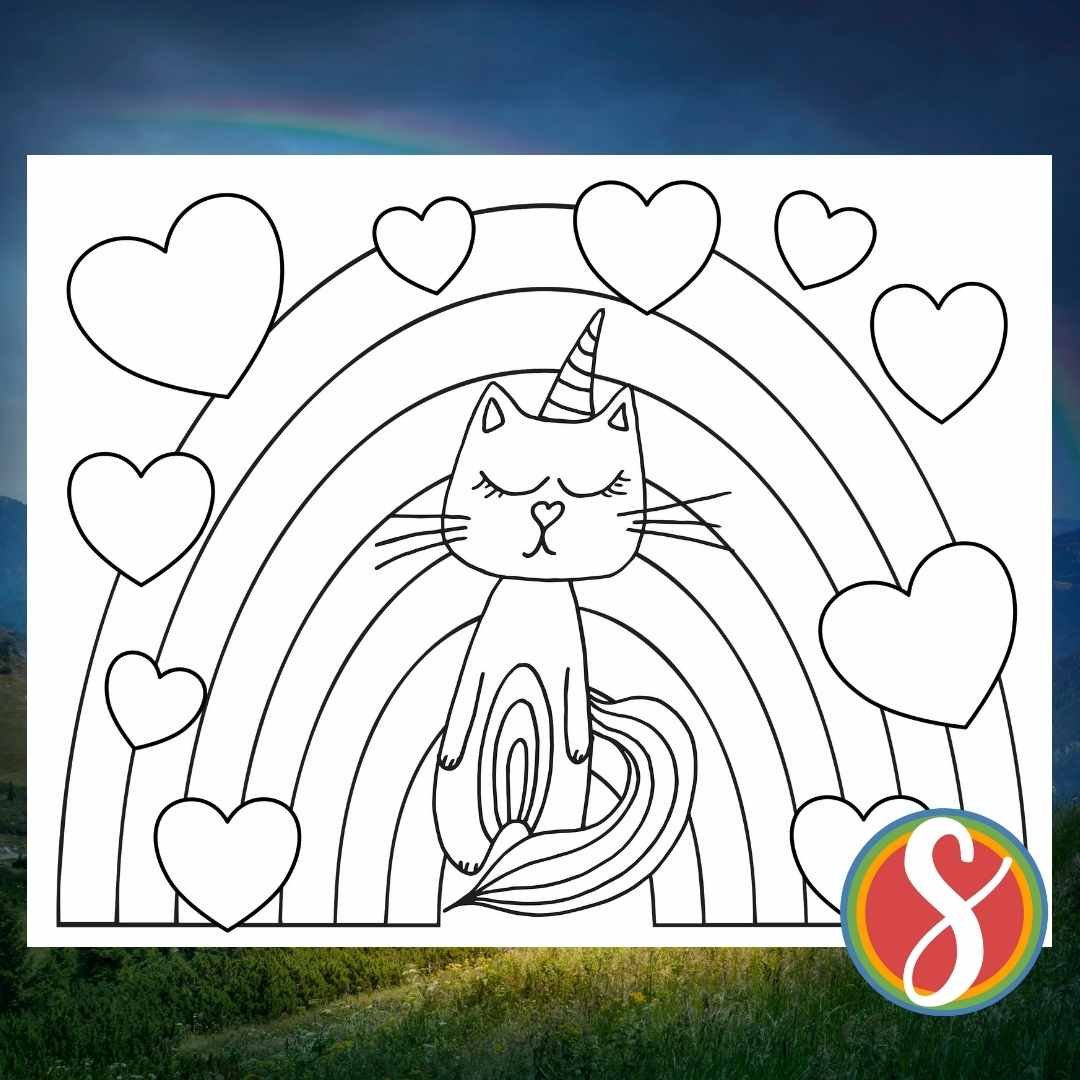 caticorn in front of a rainbow with hearts coloring page