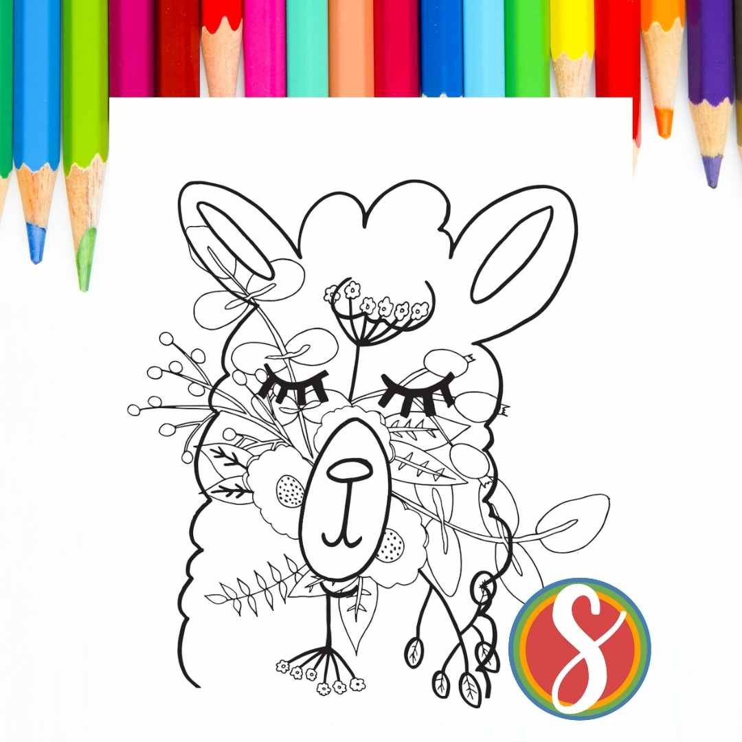 llama coloring page with a llama head full of pretty flowers