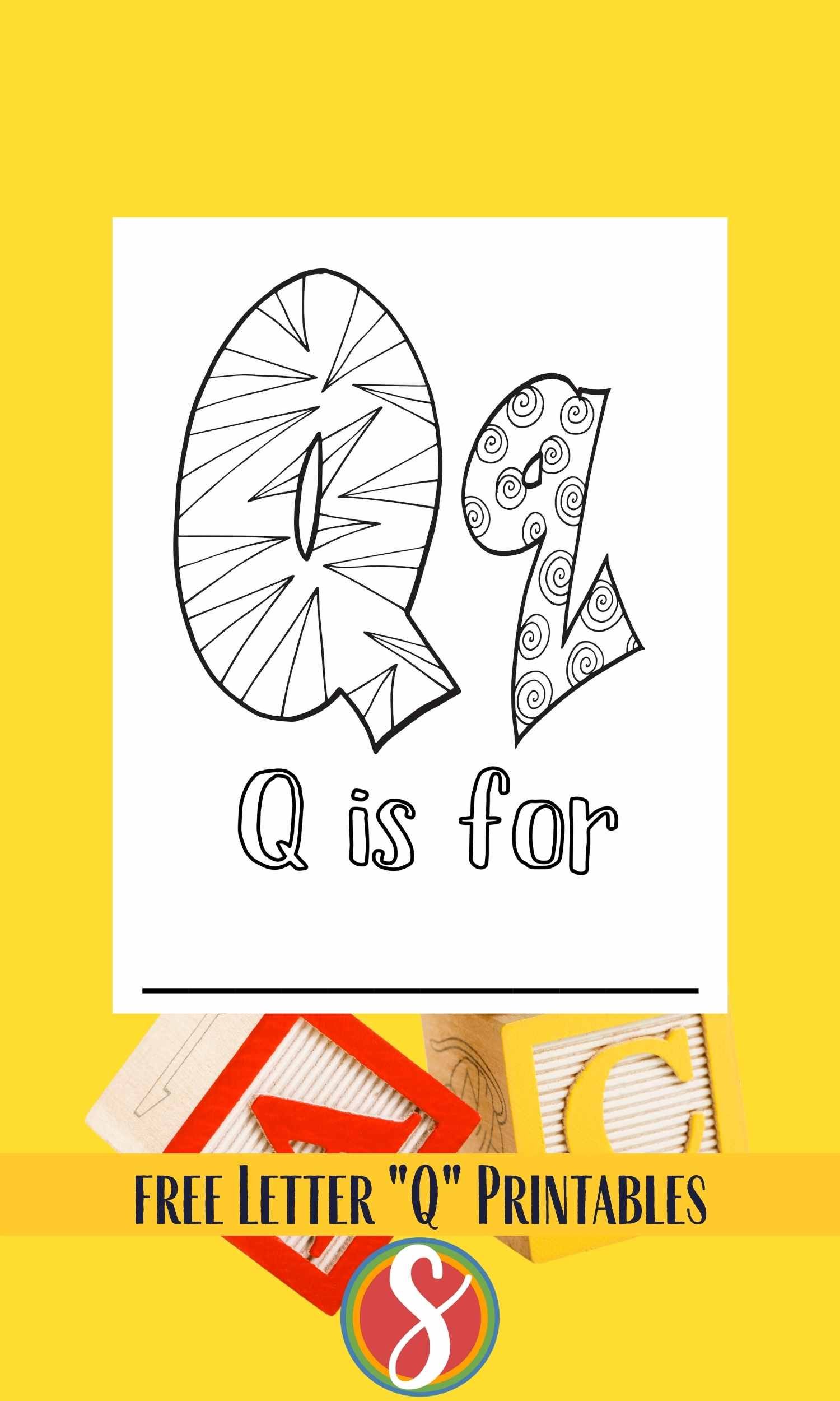 Bubble letters "Qq" with doodles inside to color