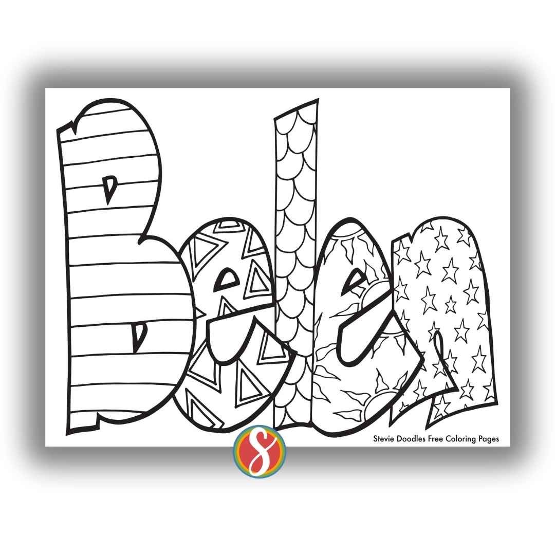 bubble letters "Belen" with doodles inside to color