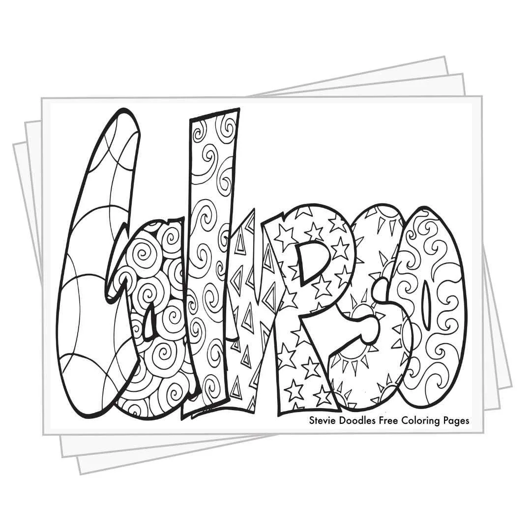 bubble letters "Calypso" with doodles inside to color