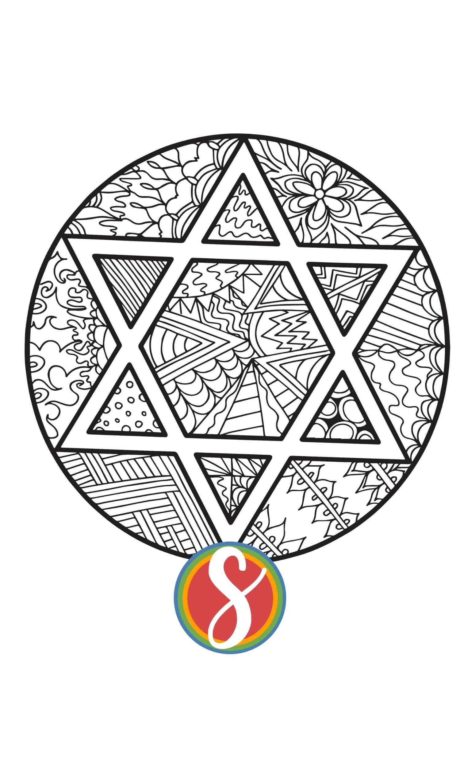 star of david in circle surrounded by doodle in a hanukkah coloring page