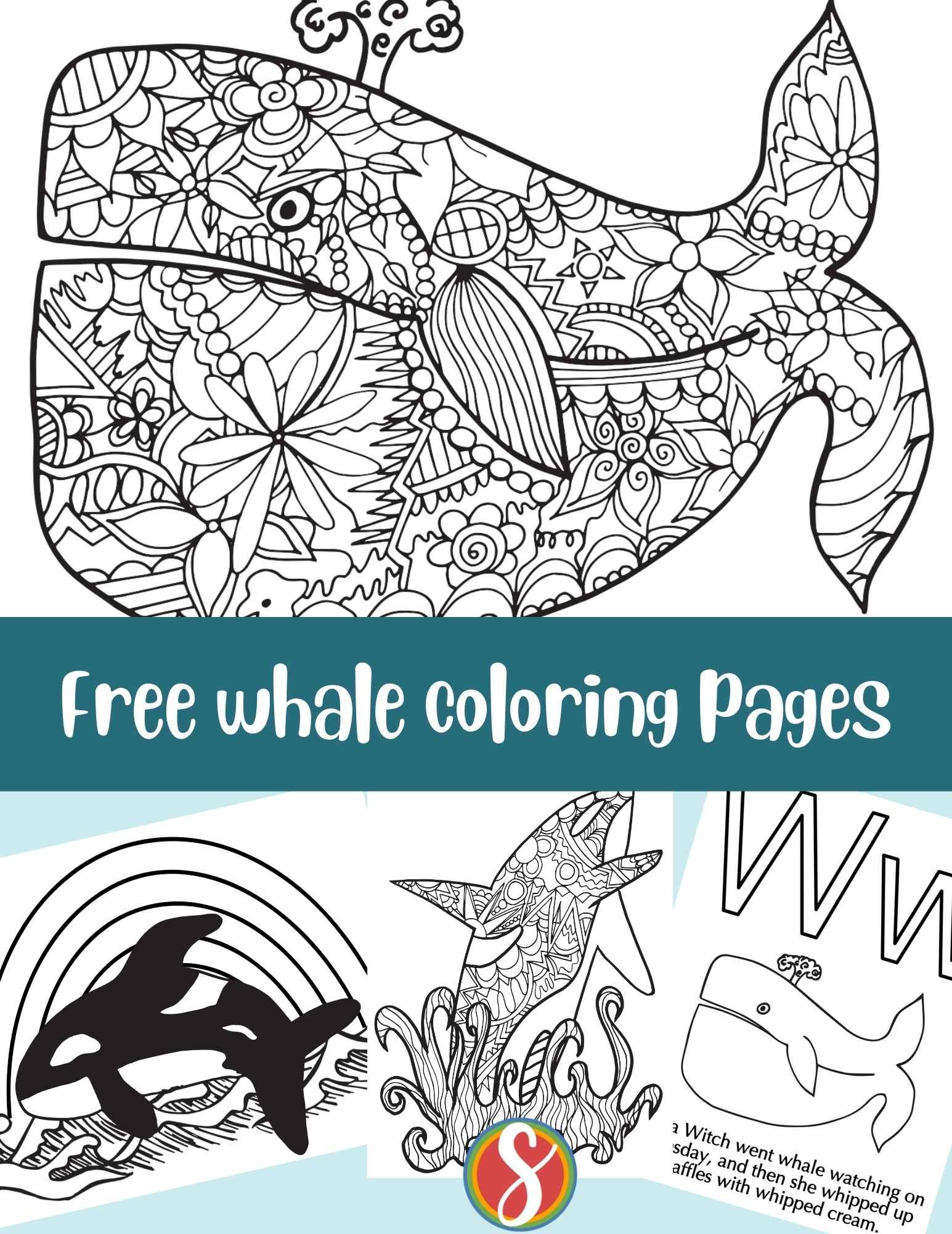 a bunch of whale coloring page on a blue background