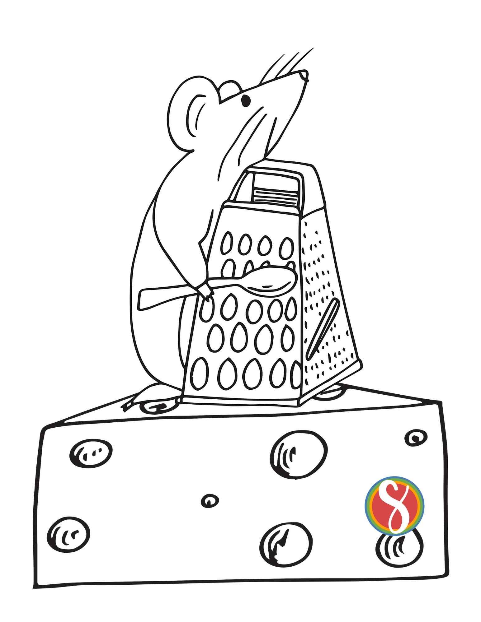 mouse color sheet with mouse playing a cheese grater with a spoon on top of a block of cheese