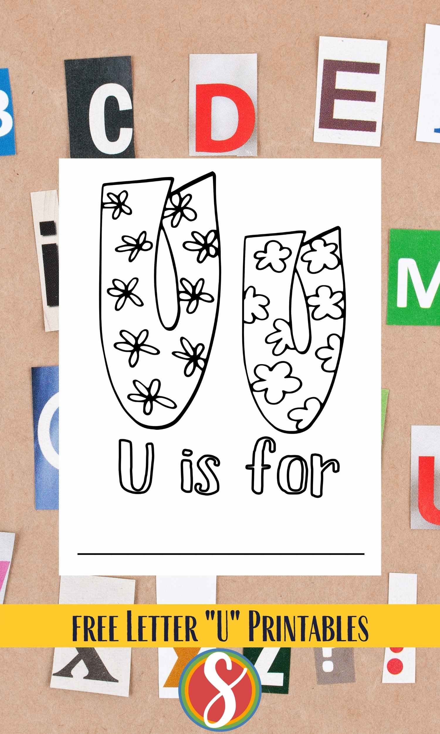 bubble letters "Uu" with flowers inside to color